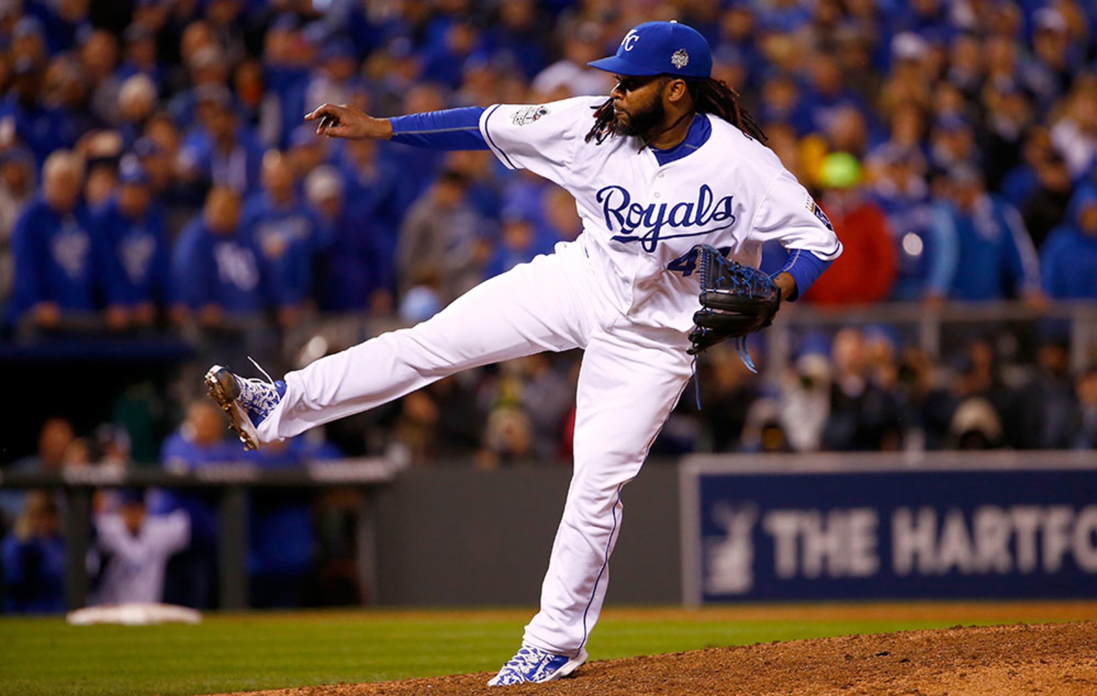 Johnny Cueto #47 of the Kansas City Royals throws a pitch in the ninth inning against the New York Mets in Game Two of the 2015 World Series at Kauffman Stadium on October 28, 2015 in Kansas City, Missouri. (Photo by Jamie Squire/Getty Images)