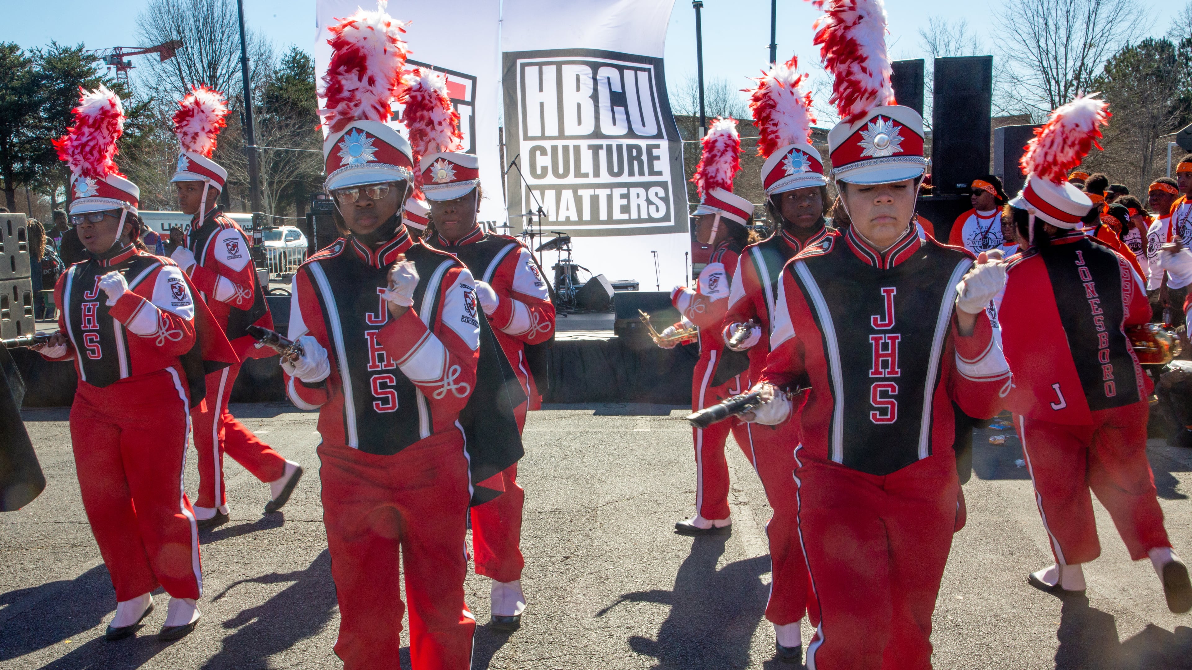 The Jonesboro High School Marching Cardinals entertain the crowd at the Fan Fest before the start of the HBCU Battle of the Bands at Gas South Arena in Duluth on Saturday, February 19, 2022. (Photo: Steve Schaefer for The Atlanta Journal-Constitution)