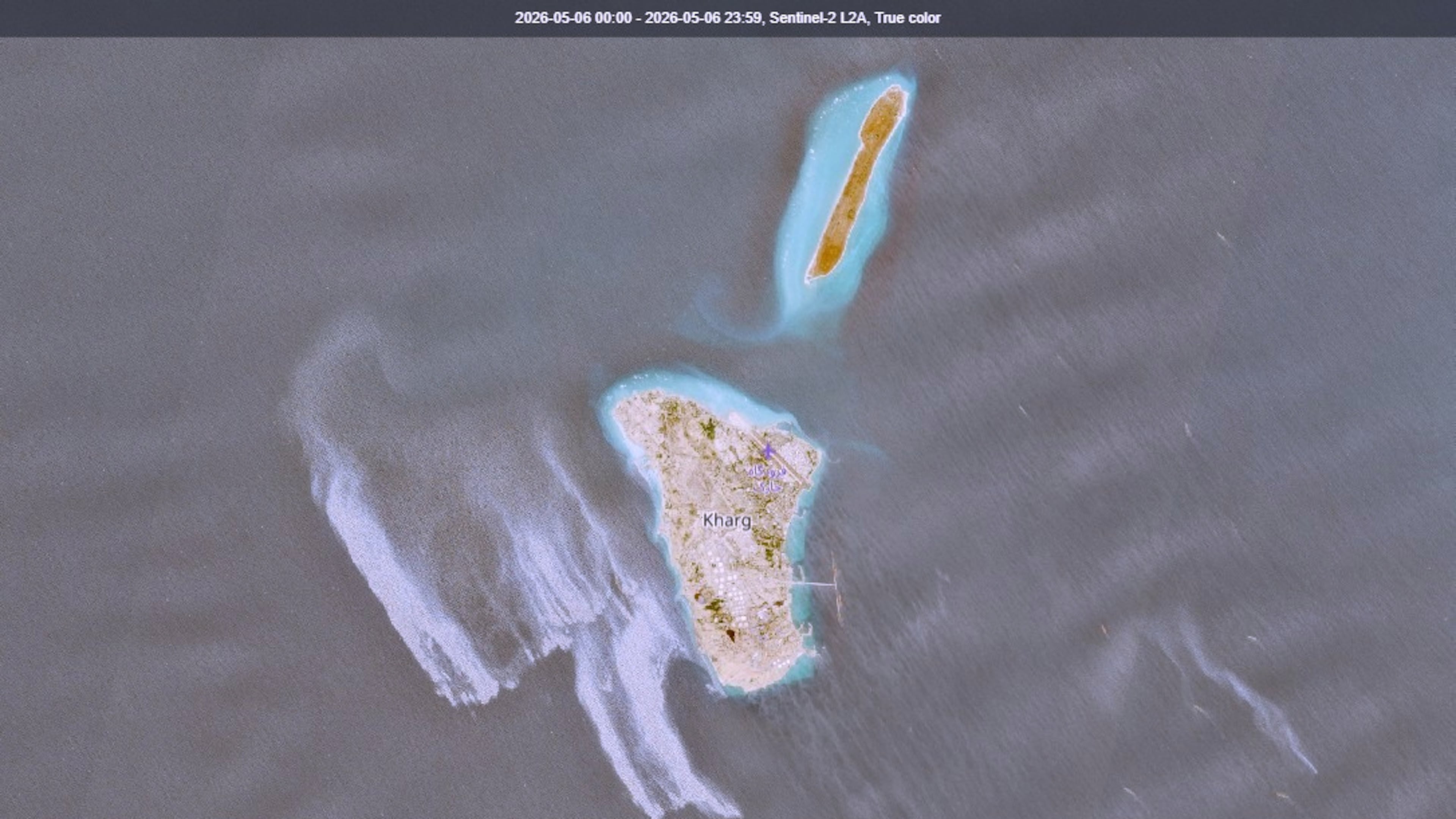 This satellite image provided by European Space Agency shows an apparent oil spill in the Persian Gulf off the western side of Kharg Island, Iran’s main crude oil export terminal, on Wednesday, May 6, 2026. ( European Space Agency via AP)