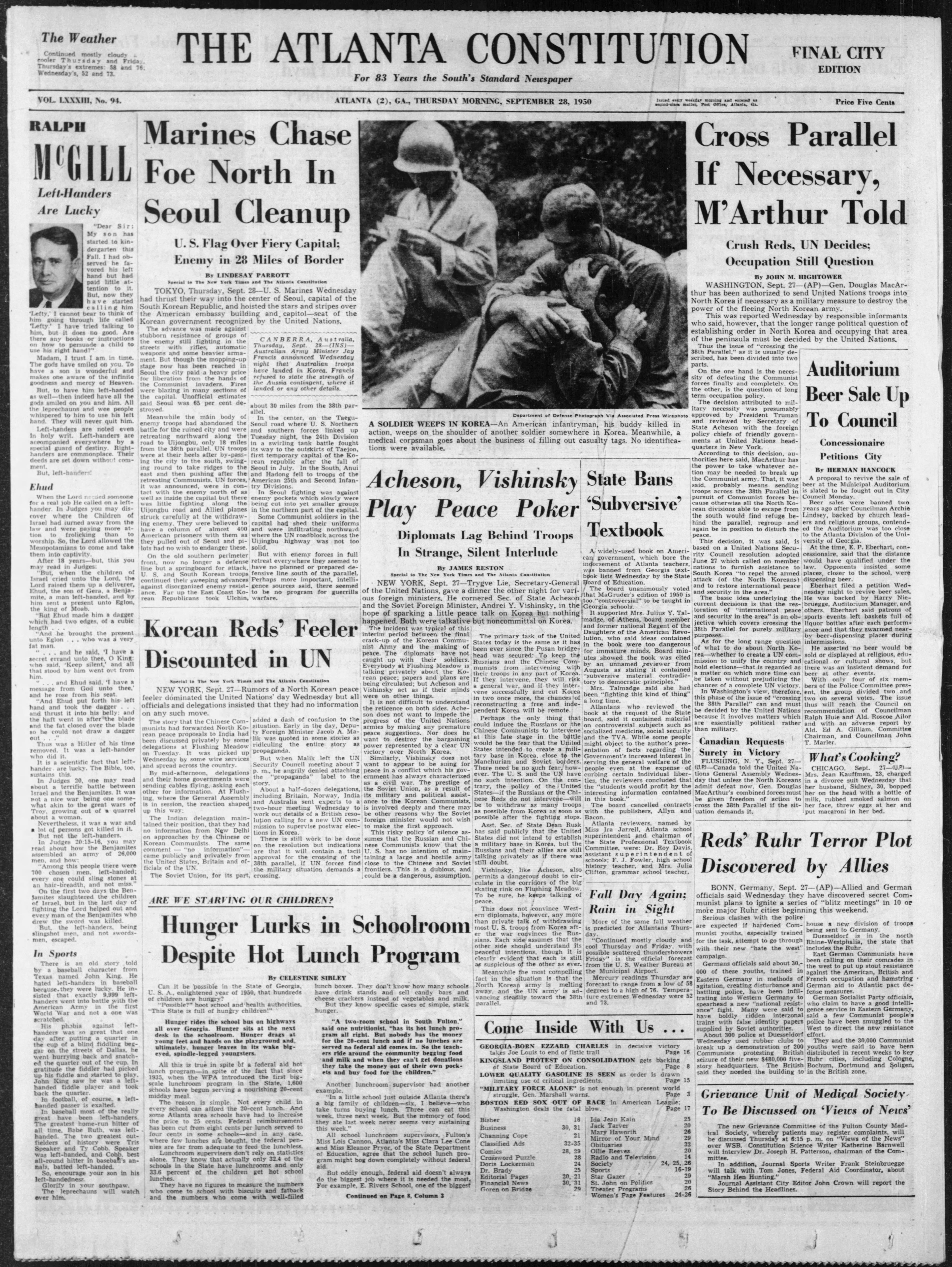 The Atlanta Constitution front page on Sept. 28, 1950.