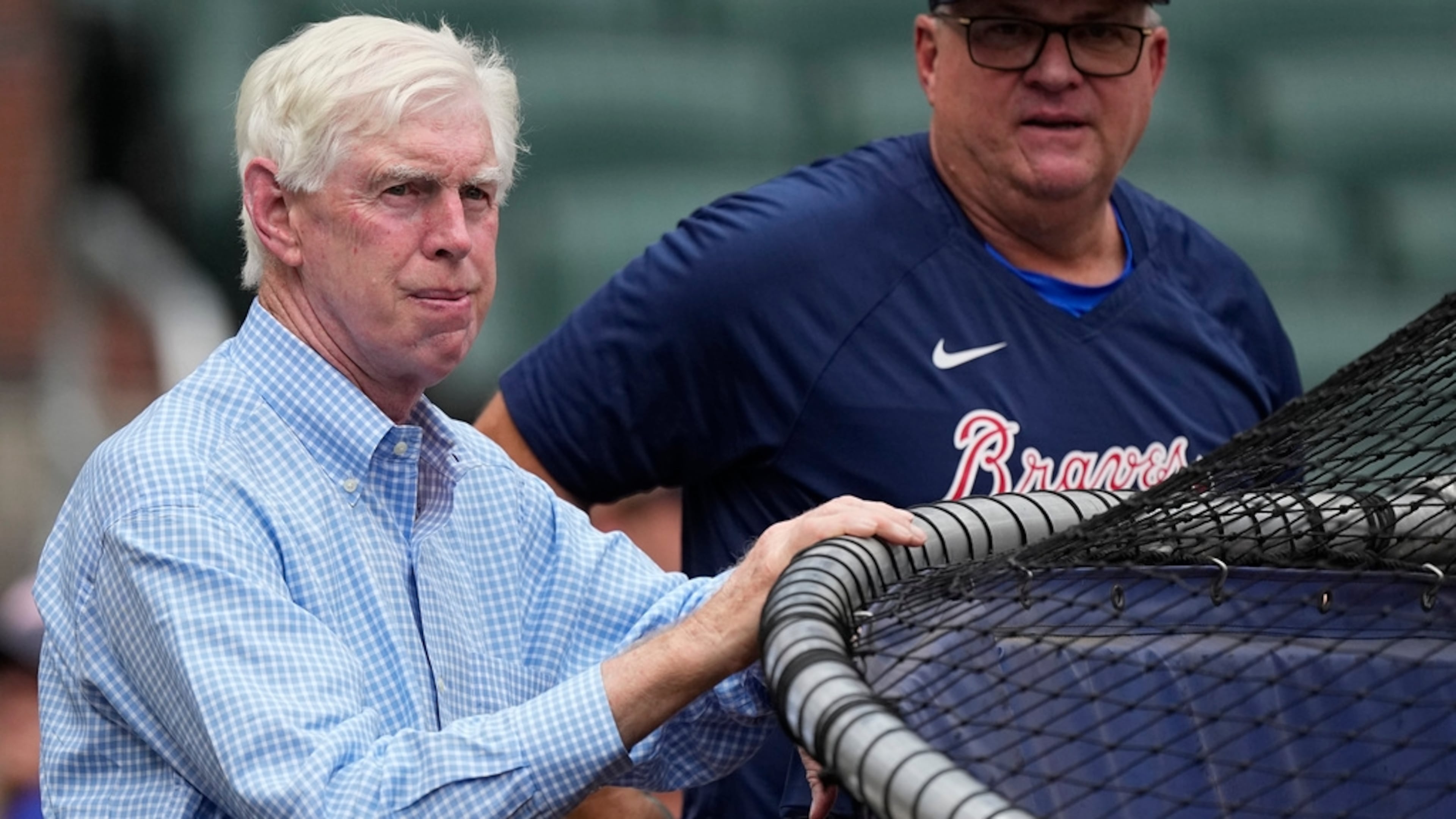 Atlanta Braves chairman Terry McGuirk watches batting practice before a baseball game against the Milwaukee Brewers Friday, July 28, 2023, in Atlanta. (AP Photo/John Bazemore)