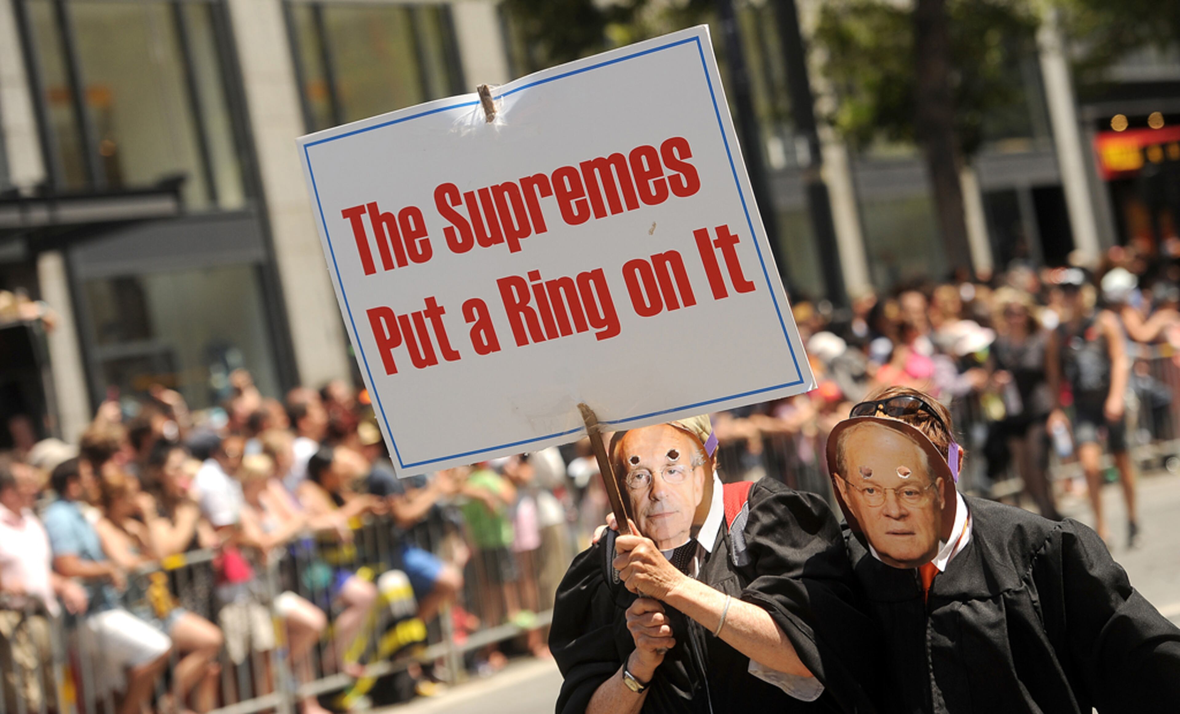 Wearing a mask of U.S. Supreme Court Justice Stephen Breyer, a reveler marches in San Francisco's 43rd annual gay pride parade Sunday, June 30, 2013. Participants bore signs and clothing celebrating the court's Wednesday ruling that cleared the way for same-sex marriages to resume in California. (AP Photo/Noah Berger)