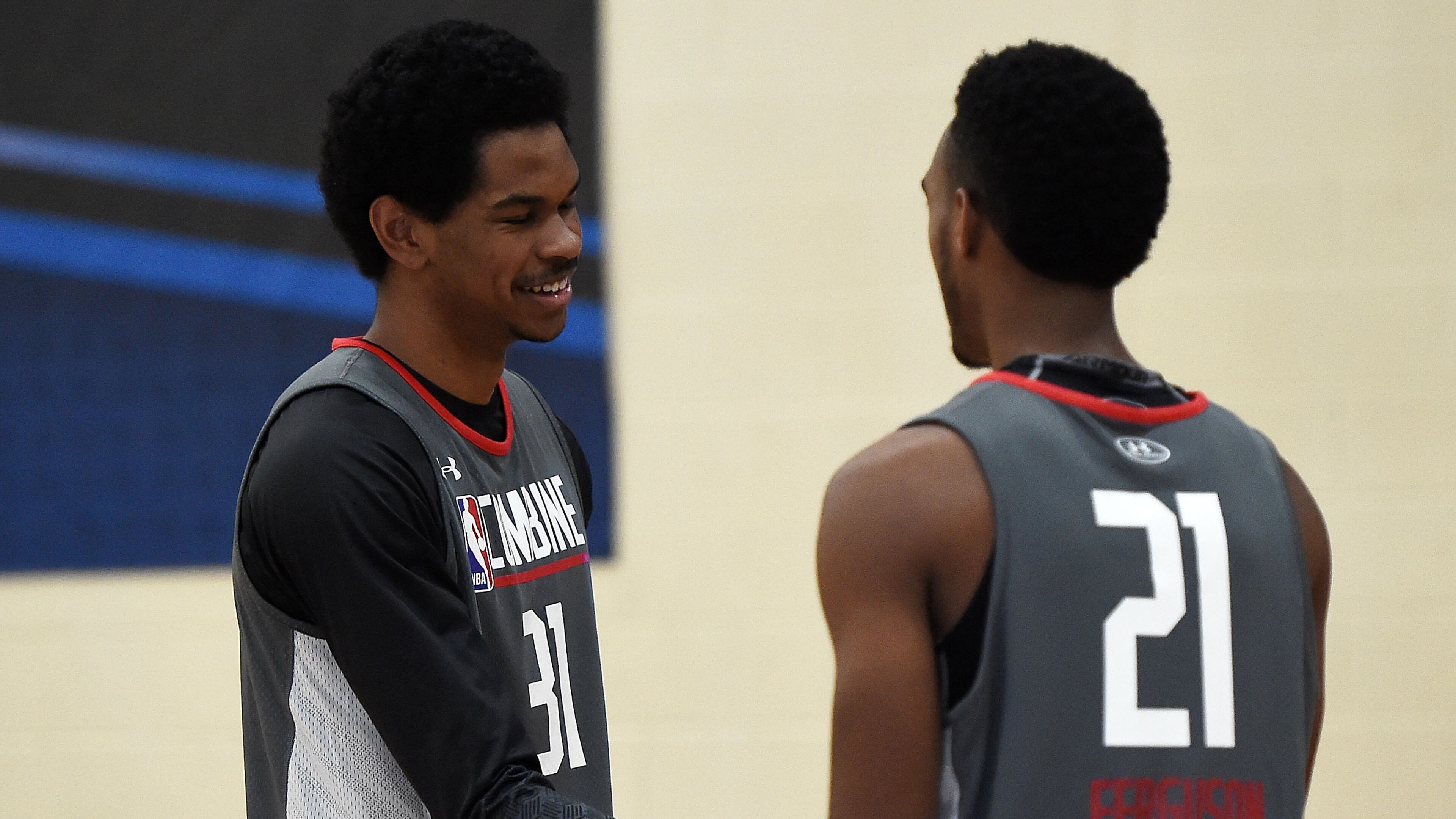 Jarrett Allen (left) speaks with Terrance Ferguson during the NBA Draft Combine at Quest MultiSport Complex on May 12, 2017 in Chicago, Illinois. (Photo by Stacy Revere/Getty Images)