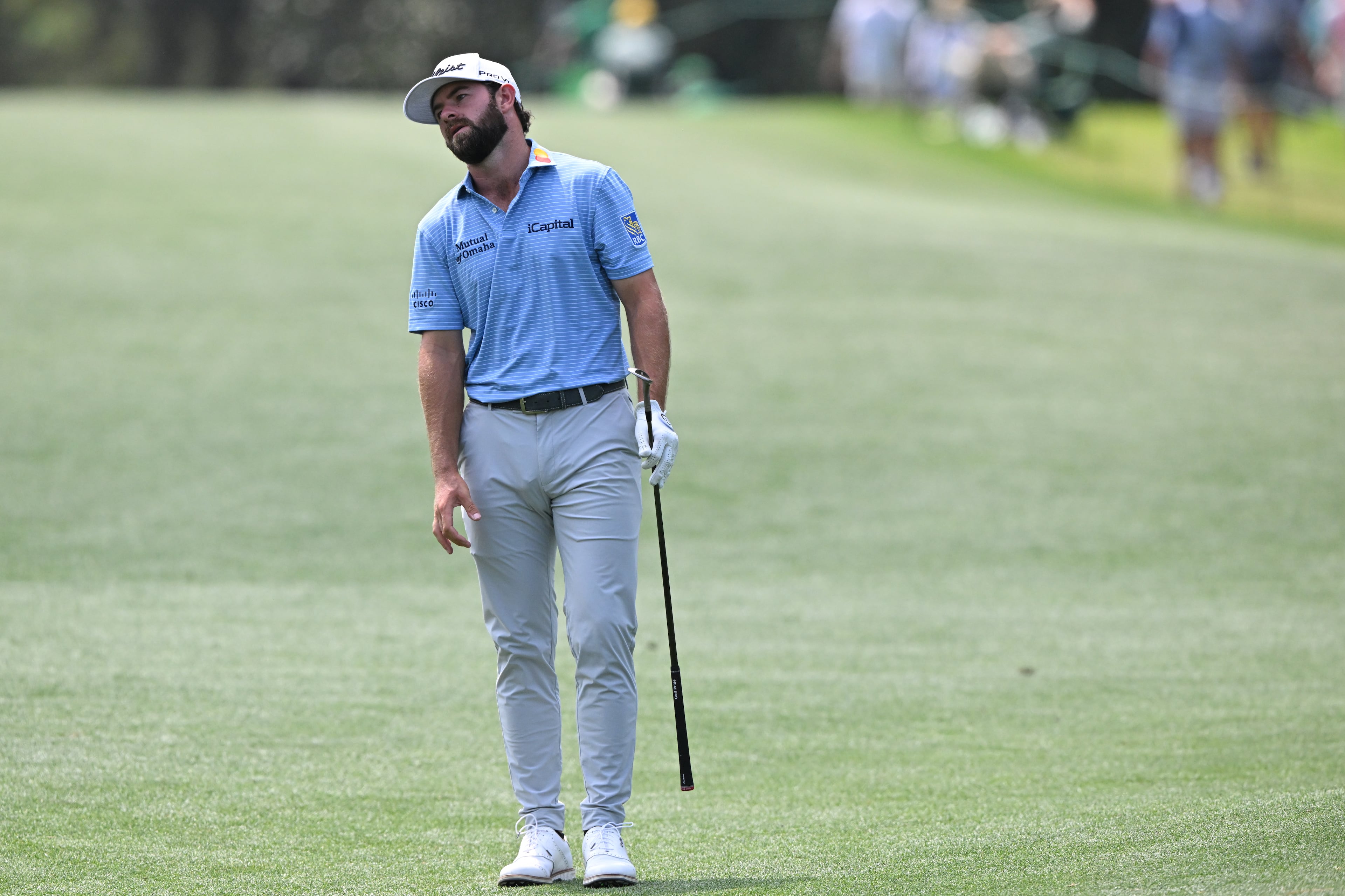 Cameron Young reacts to shot on eighth hole during the first round of the 2023 Masters Tournament at Augusta National Golf Club, Thursday, April 6, 2023, in Augusta, Ga. (Hyosub Shin / Hyosub.Shin@ajc.com)