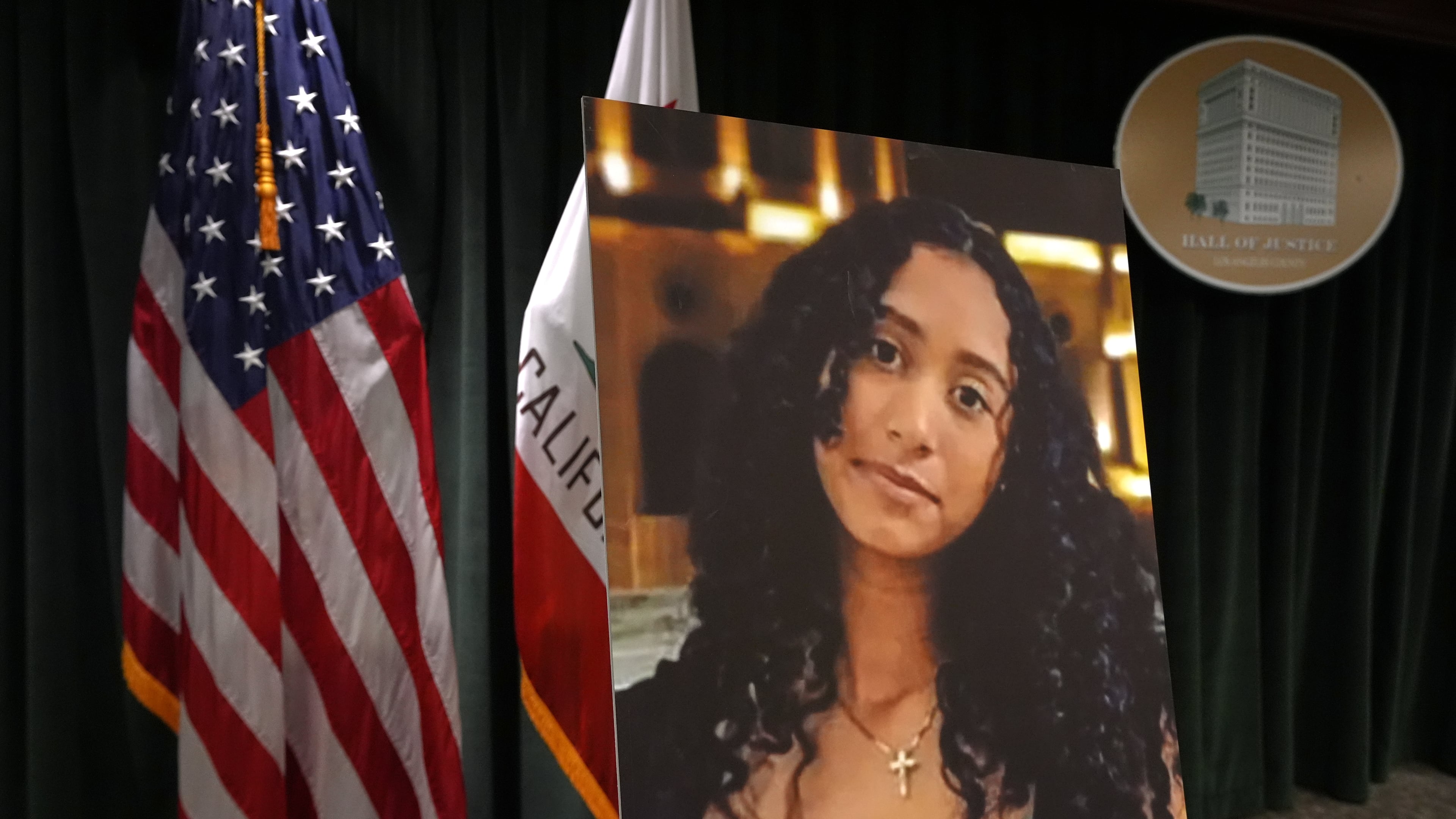 A photo of Celeste Rivas Hernandez is displayed Monday, April 20, 2026, in Los Angeles for a press conference regarding the case of singer D4vd, who was charged on suspicion of killing the 14-year-old girl whose dismembered body was found in his car. (AP Photo/Damian Dovarganes)
