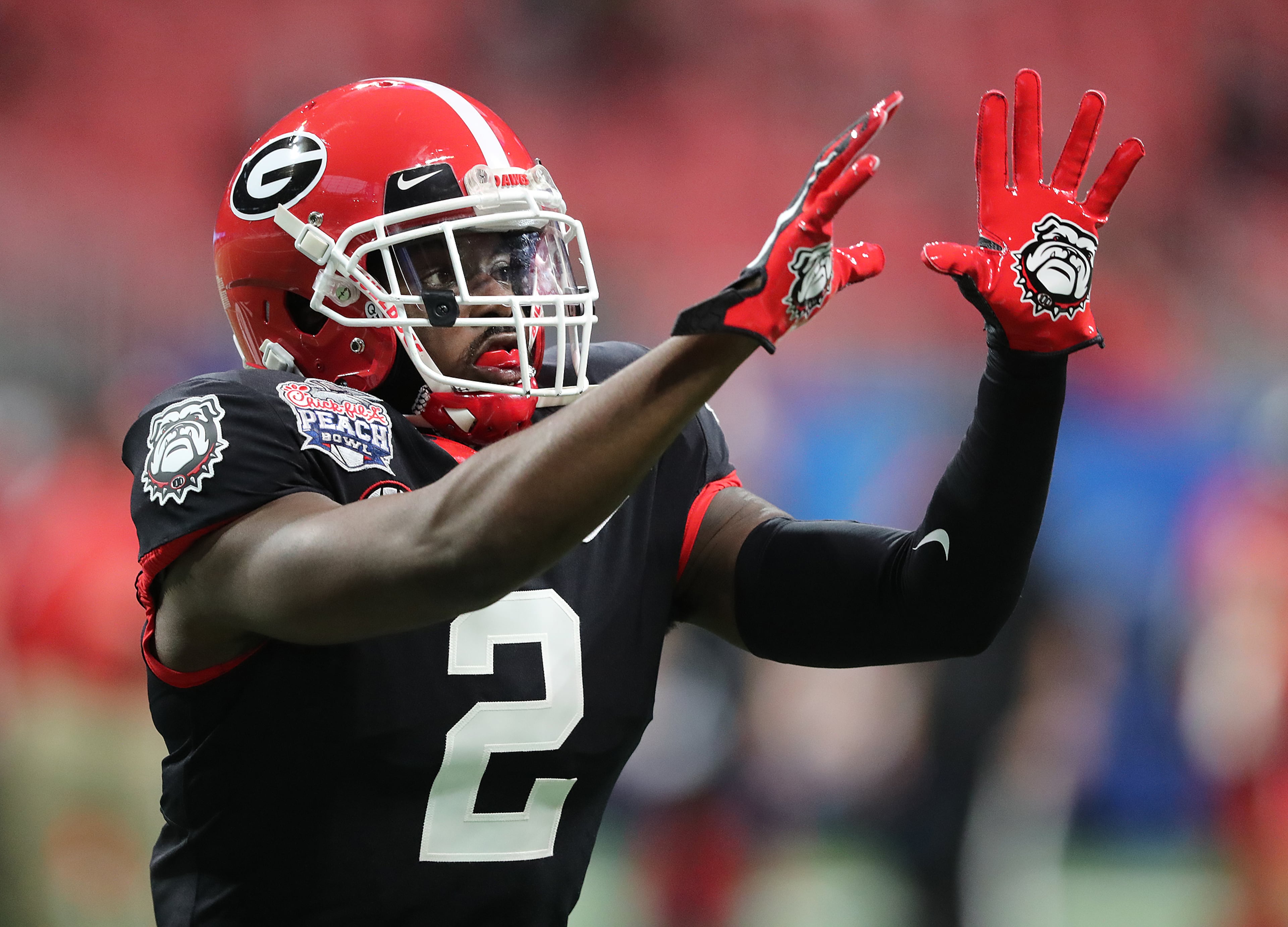 Georgia defensive back Richard LeCounte, who was injured in a motorcycle accident earlier in the season, prepares to play Cincinnati in the Chick-fil-A Peach Bowl game on Friday, Jan. 1, 2021, in Atlanta. (Curtis Compton / Curtis.Compton@ajc.com)