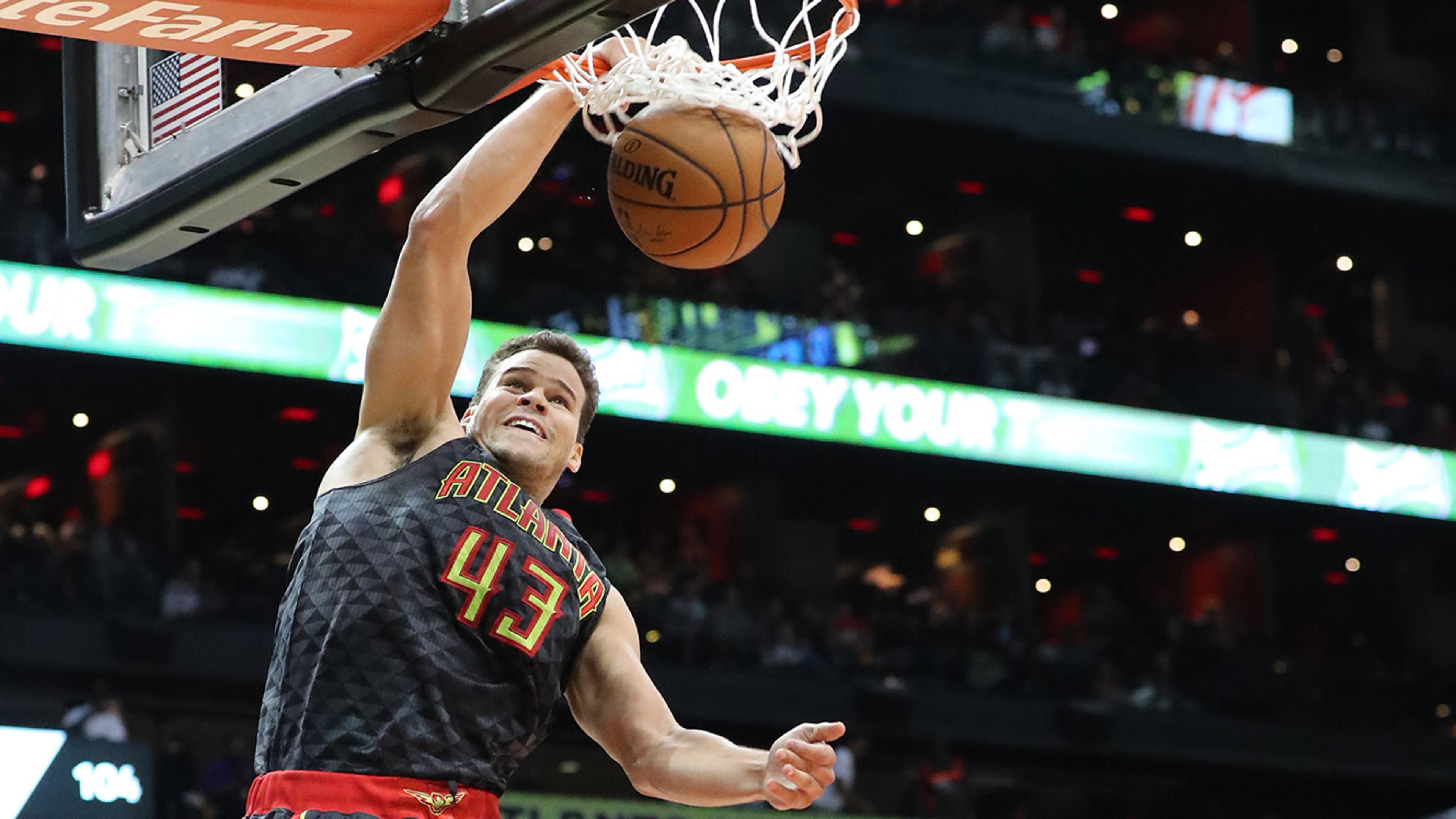 November 2, 2016, ATLANTA: Hawks Kris Humphries slams for two as Lakers Julius Randle looks on during the second period in an NBA basketball game at Philips Arena on Wednesday, Nov. 2, 2016, in Atlanta. Curtis Compton /ccompton@ajc.com