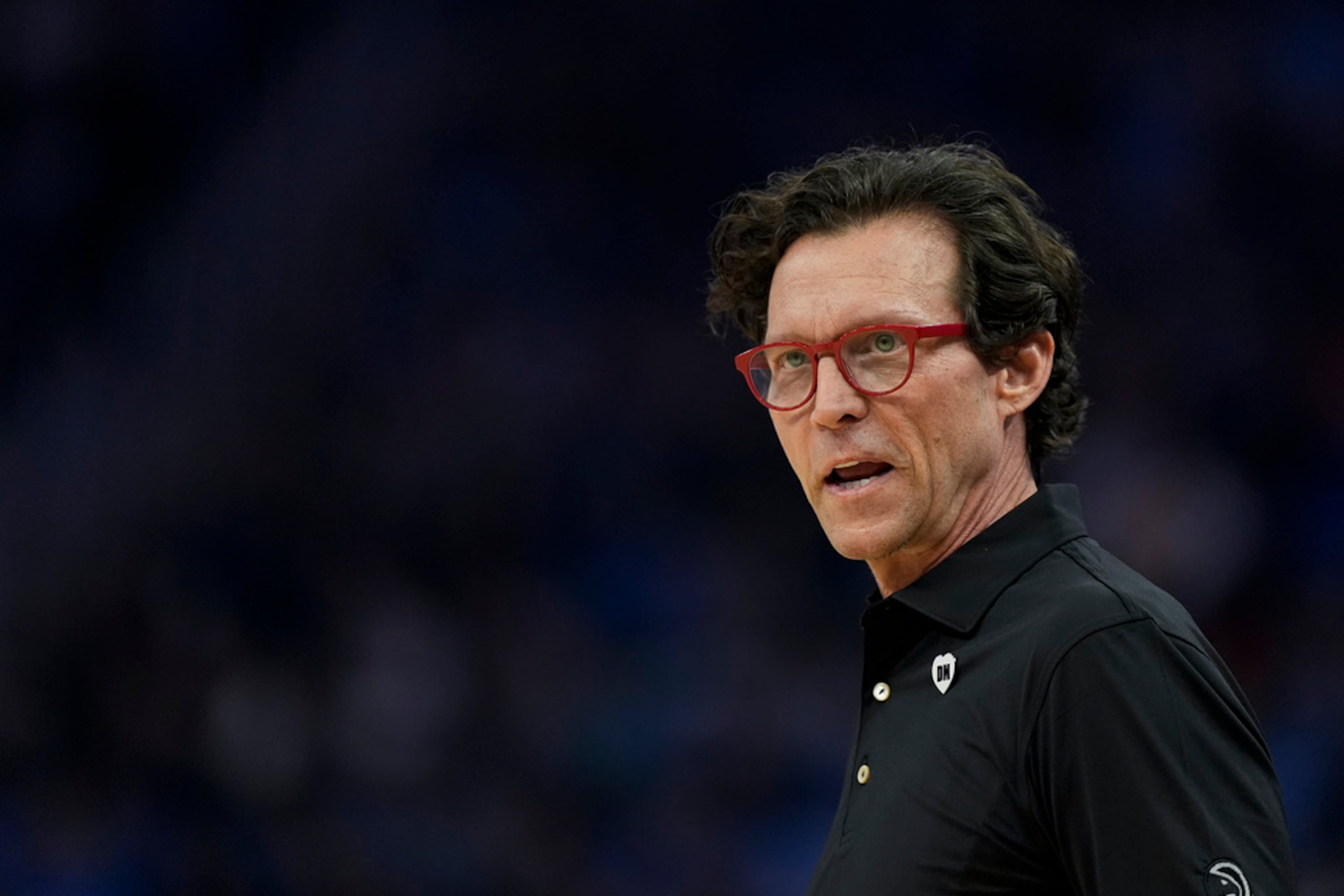 Atlanta Hawks head coach Quin Snyder reacts during the first half of an NBA basketball game against the Golden State Warriors, Wednesday, Jan. 24, 2024, in San Francisco. (AP Photo/Godofredo A. Vásquez)