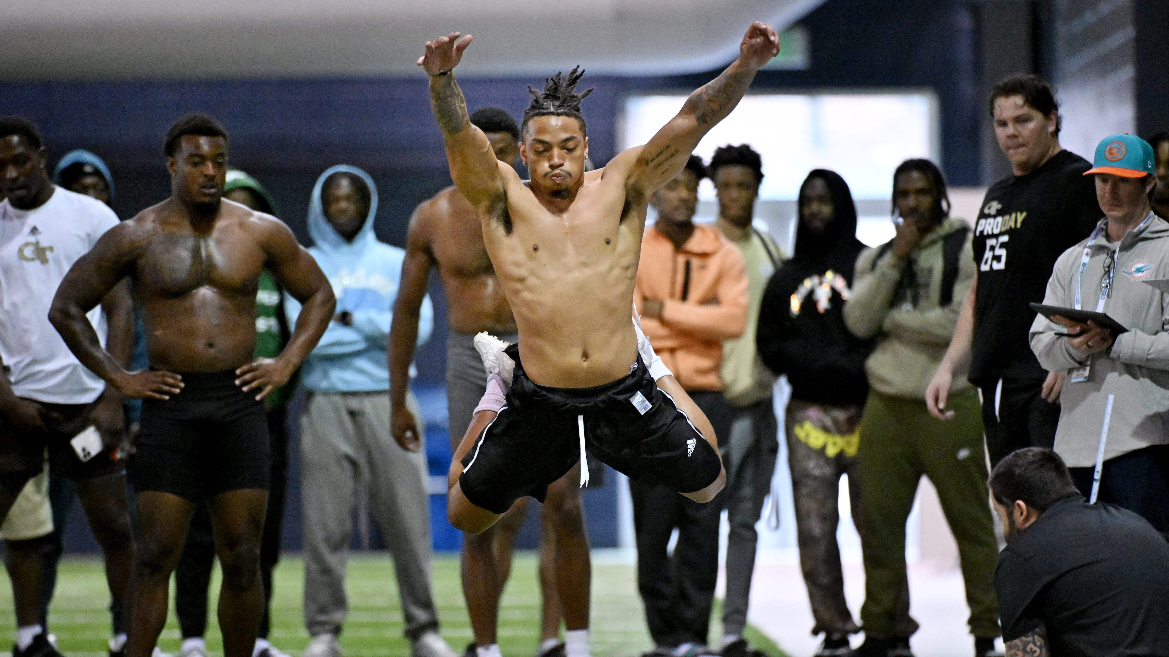 Georgia Tech running back Dontae Smith leaps during Georgia Tech Pro Day at Georgia Tech football's indoor practice facility, Friday, March 15, 2024, in Atlanta. (Hyosub Shin / Hyosub.Shin@ajc.com)