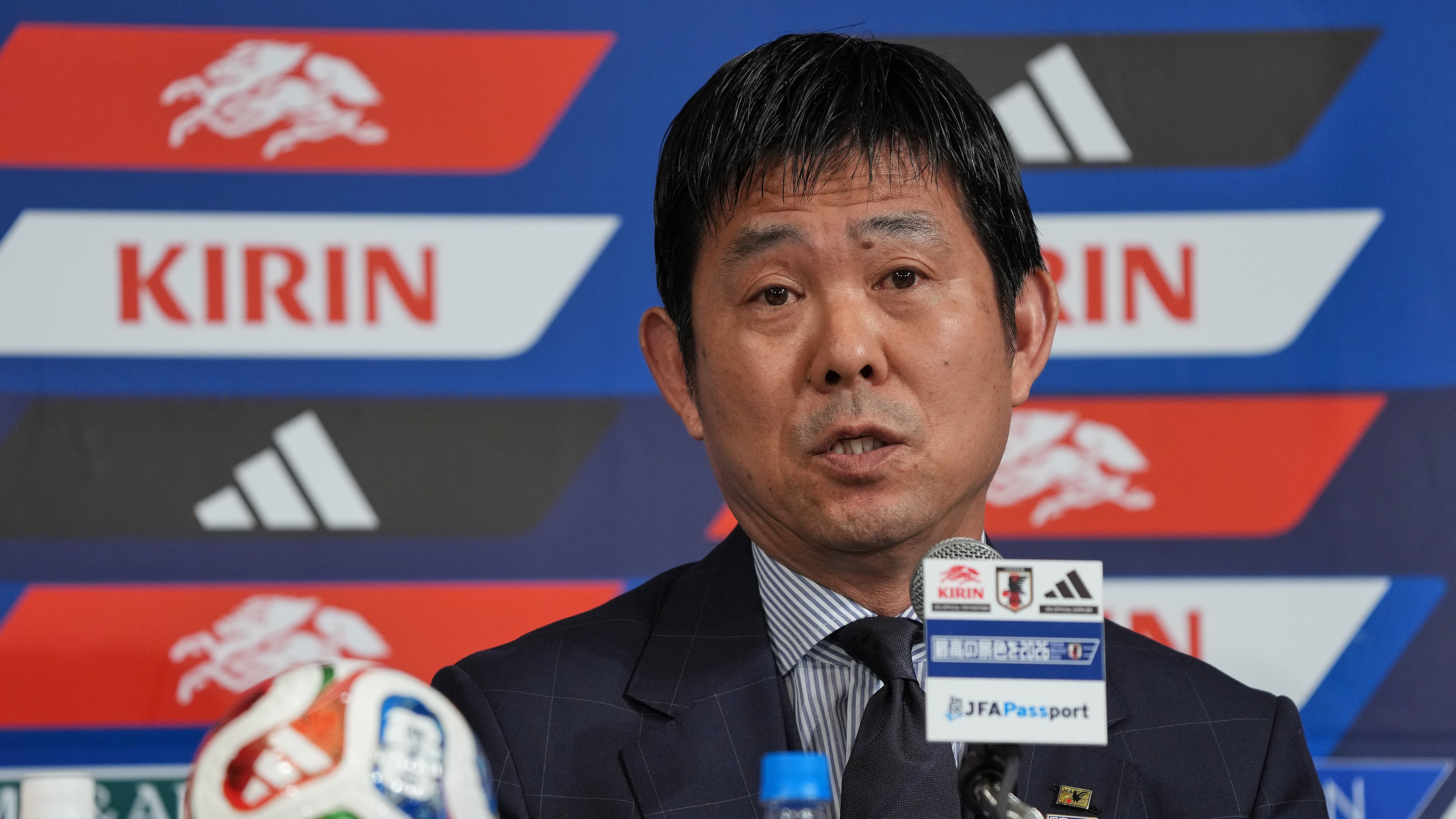 Hajime Moriyasu, head coach of Japan's national soccer team, speaks during a news conference announcing Japan's squad for the 2026 FIFA World Cup Friday, May 15, 2026, in Tokyo. (AP Photo/Eugene Hoshiko)