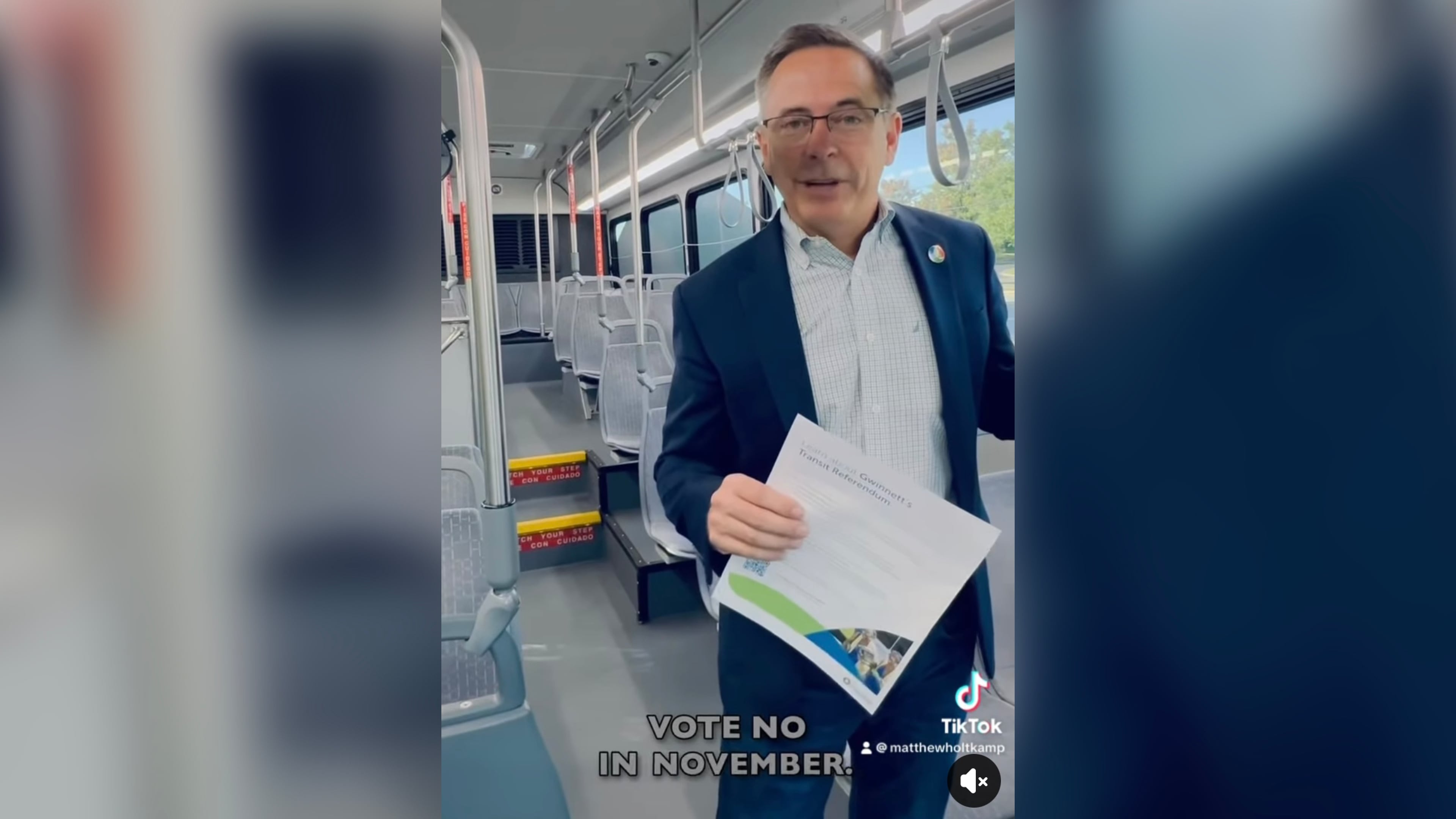 Gwinnett County Commissioner Matthew Holtkamp rode an empty bus in a social media post urging voters to reject a referendum to fund transit in the county. (Courtesy of Matthew Holtkamp/TikTok)
