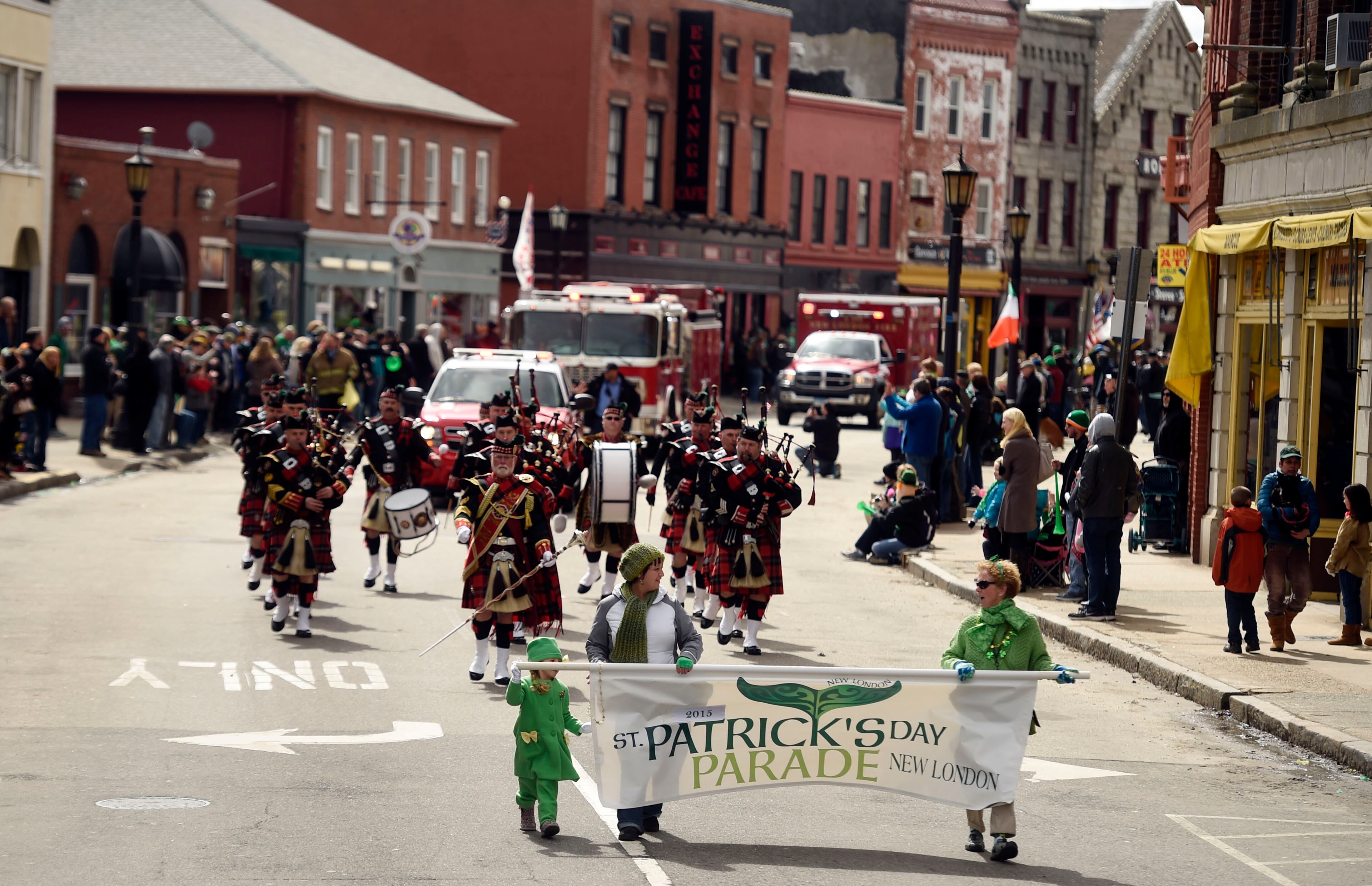 The New London, Conn., St. Patrick's Day Parade arrives at the corner of Bank and State streets March 15, 2015.