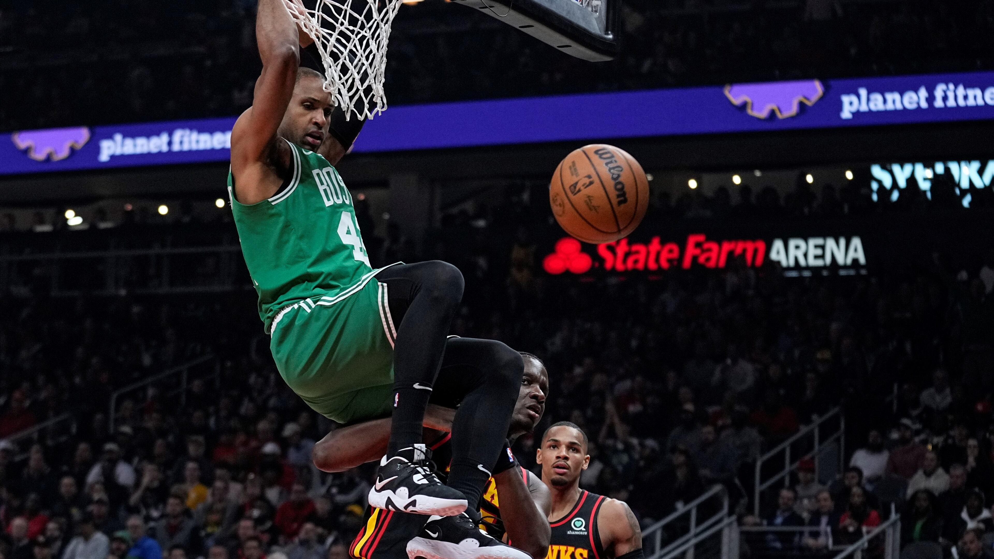 Former Atlanta Hawk Al Horford scores against his former team in Game 6 of the Eastern Conference playoffs April 27 at State Farm Arena. Horford played nine seasons in Atlanta after being selected No. 3 overall in the 2007 NBA draft.