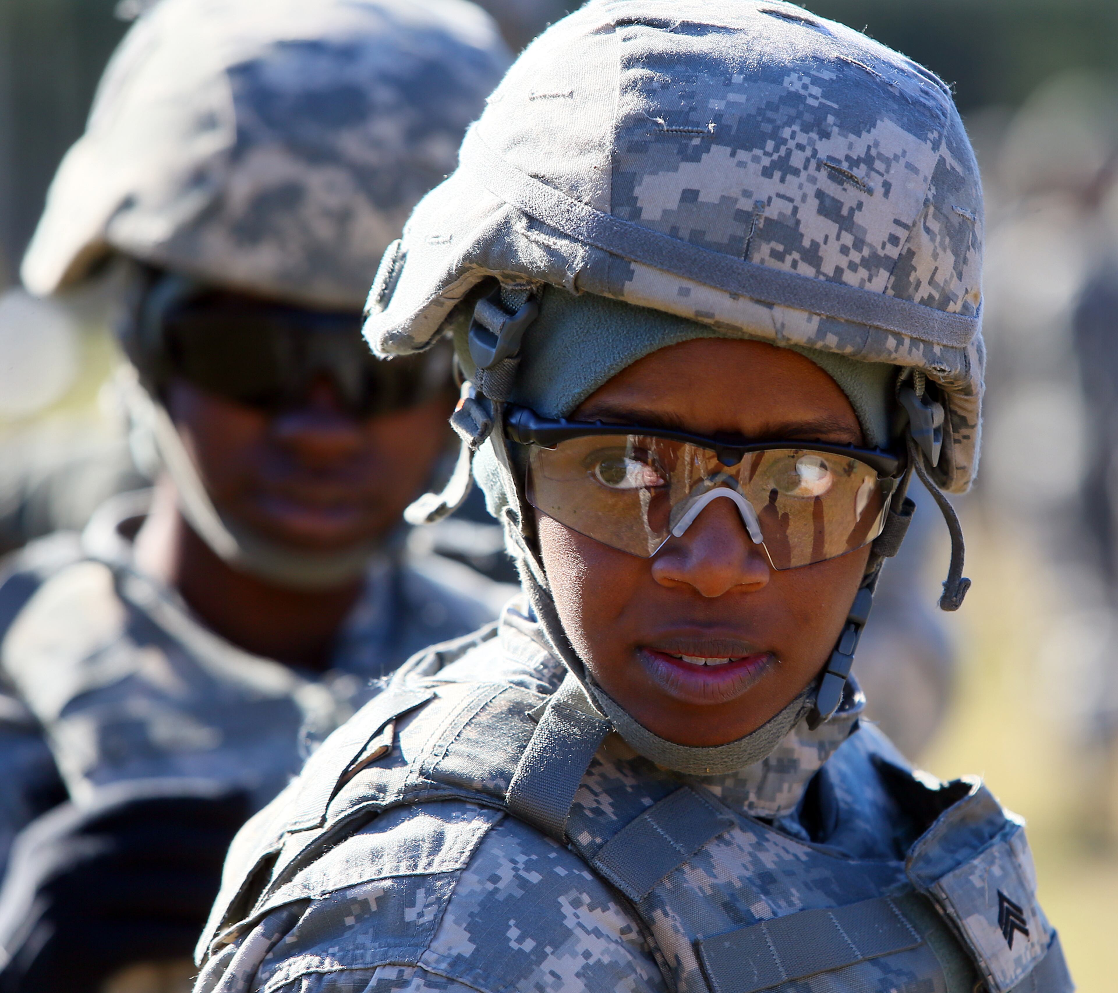 Sergeant Cortney Nelson, 27, Decatur, with the 48th Brigade of the Georgia Army National Guard, trains for deployment to Afghanistan at Fort Stewart on Wednesday, Nov. 13, 2013, near Hinesville. It will be Nelson's first deployment.