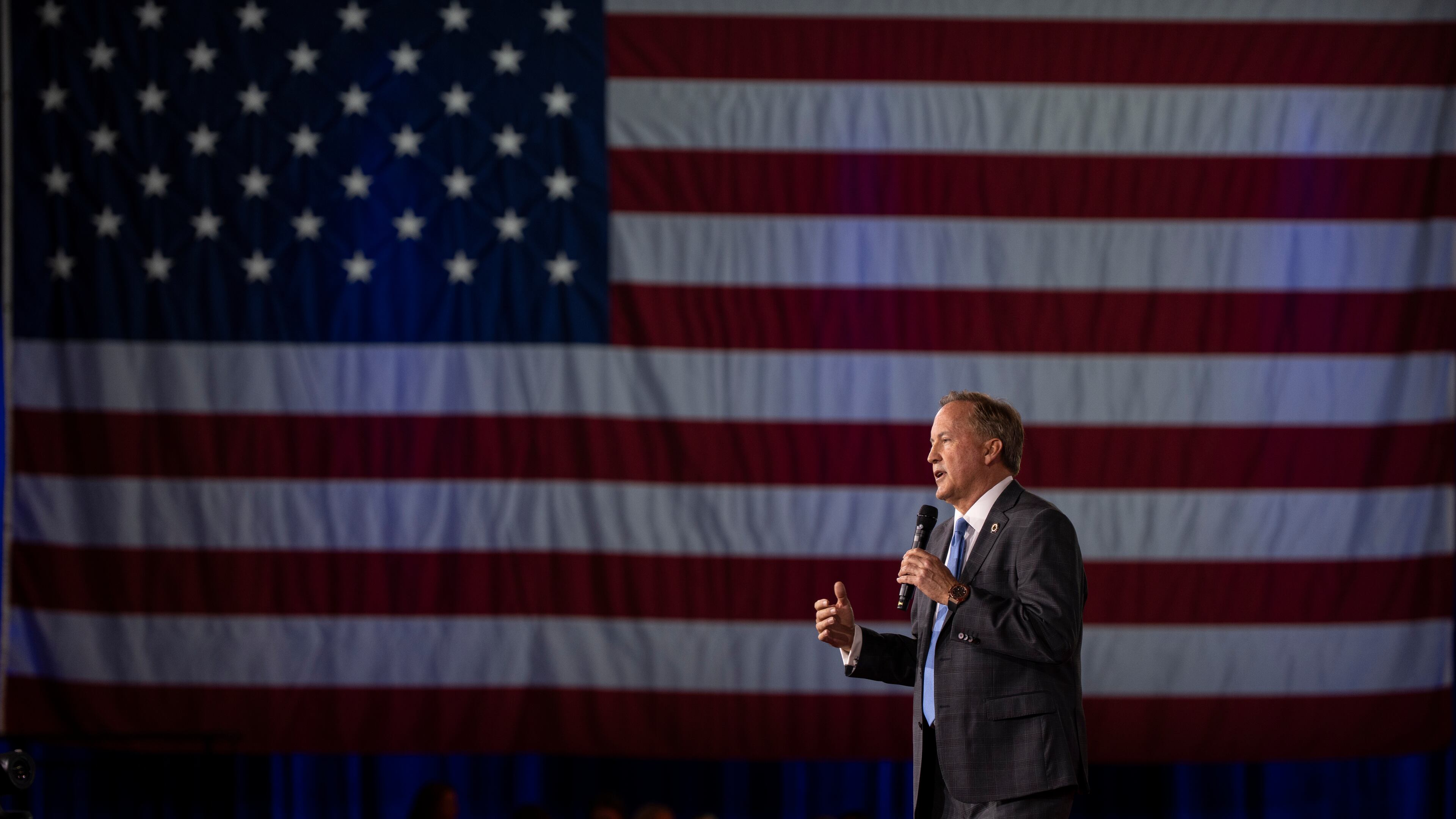 Texas Attorney General Ken Paxton speaks at the Ronald Reagan dinner during the Conservative Political Action Conference (CPAC) in Dallas, Friday, March 27, 2026. (AP Photo/Gabriela Passos)