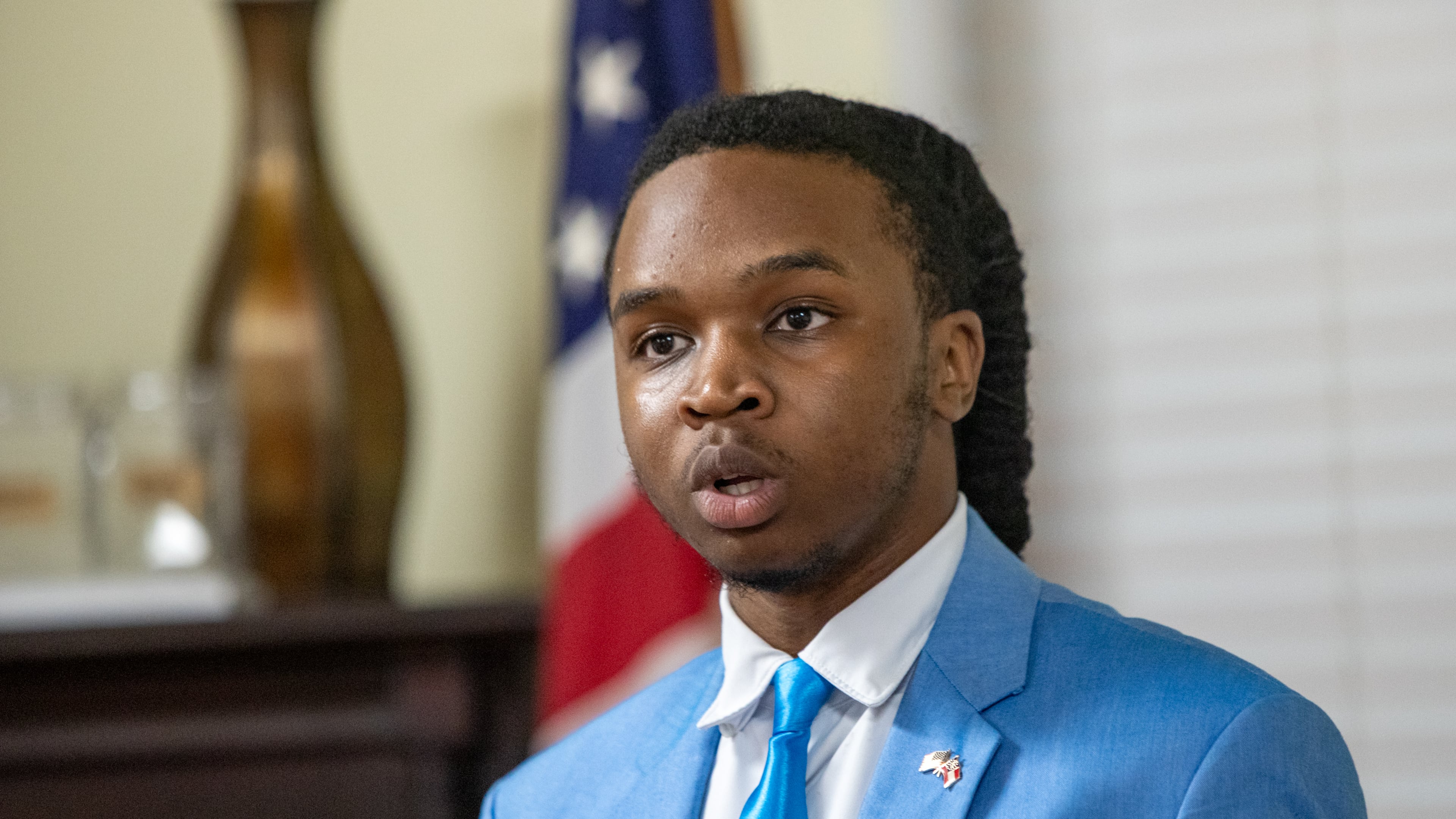 Ja'Quon Stembridge — pictured speaking at the monthly Henry County Republican Party meeting in July — was elected over the summer as the assistant secretary of the Georgia GOP. (Jenni Girtman for the AJC)