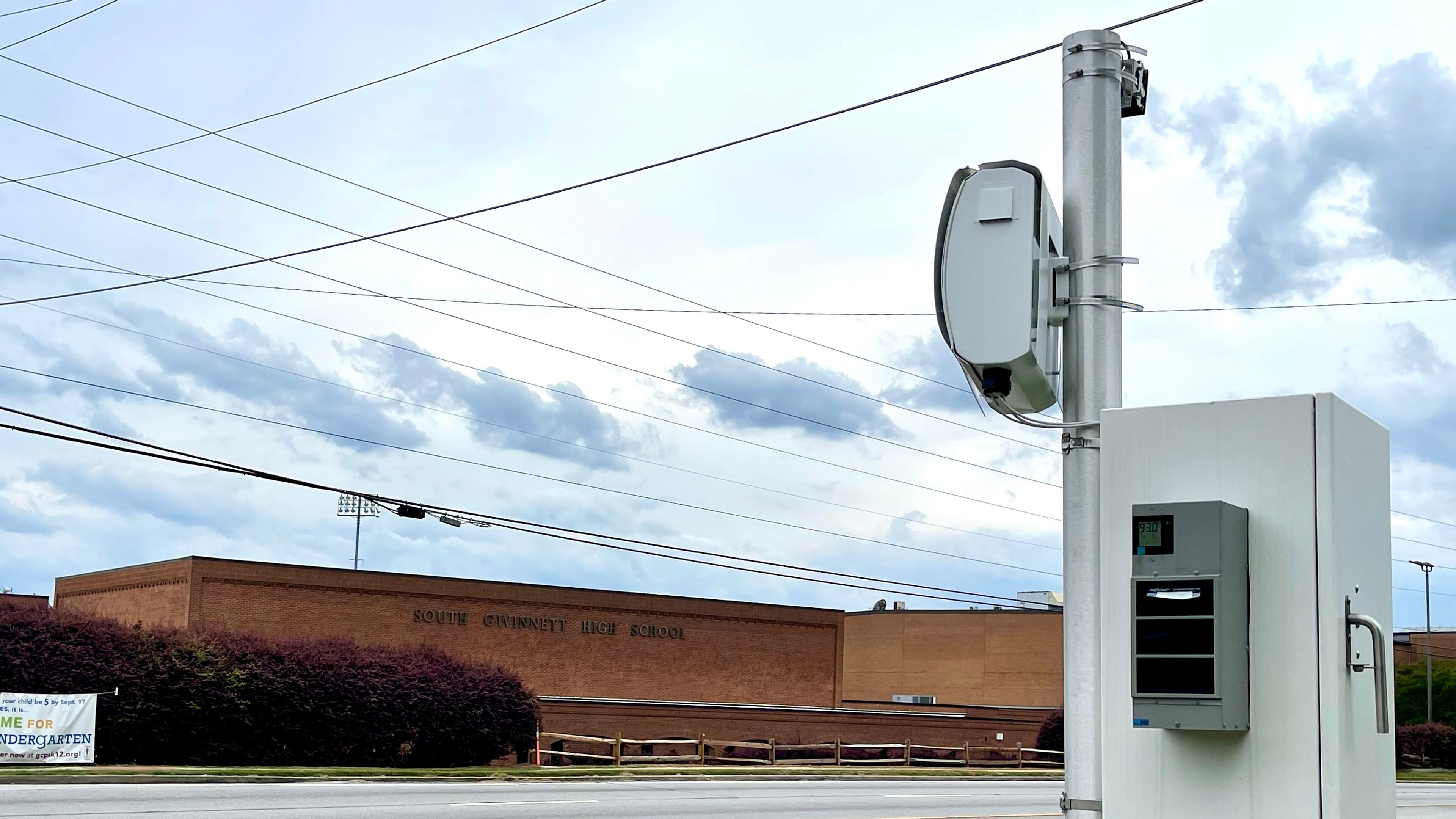 A speed camera on U.S. Highway 78 near South Gwinnett High School. Gwinnett County recently approved a contract to add these cameras to school zones in unincorporated areas. (Tyler Wilkins / tyler.wilkins@ajc.com)