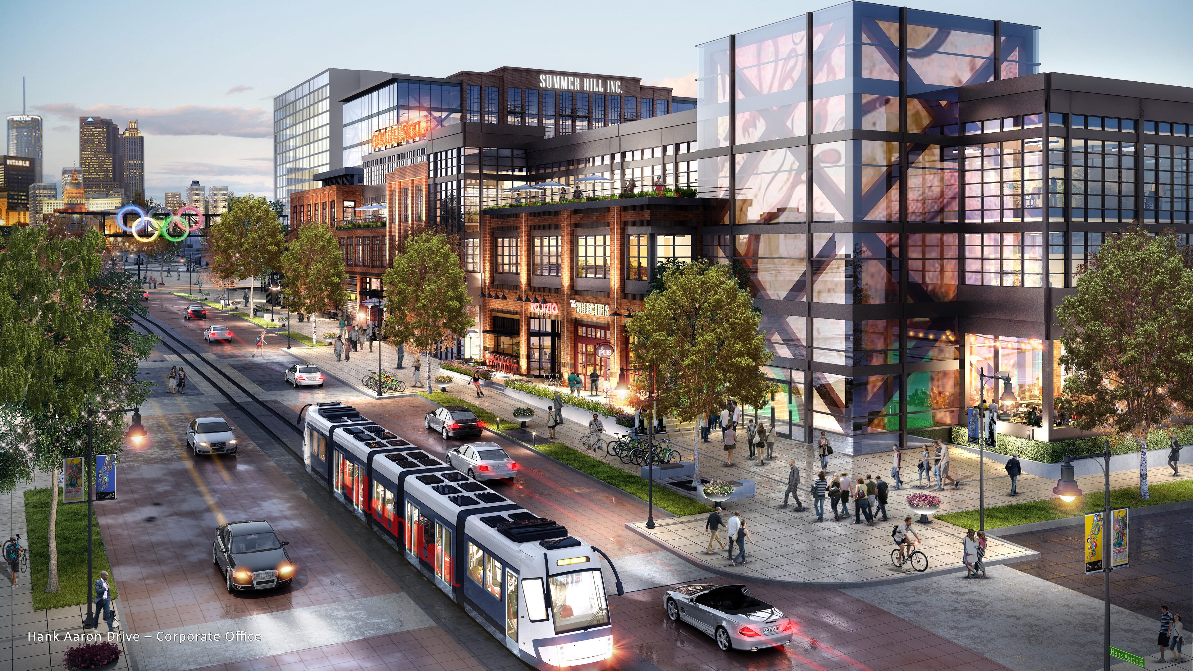 Planned commercial development along Hank Aaron Drive shows office space, retail and even a potential future streetcar or light rail line.