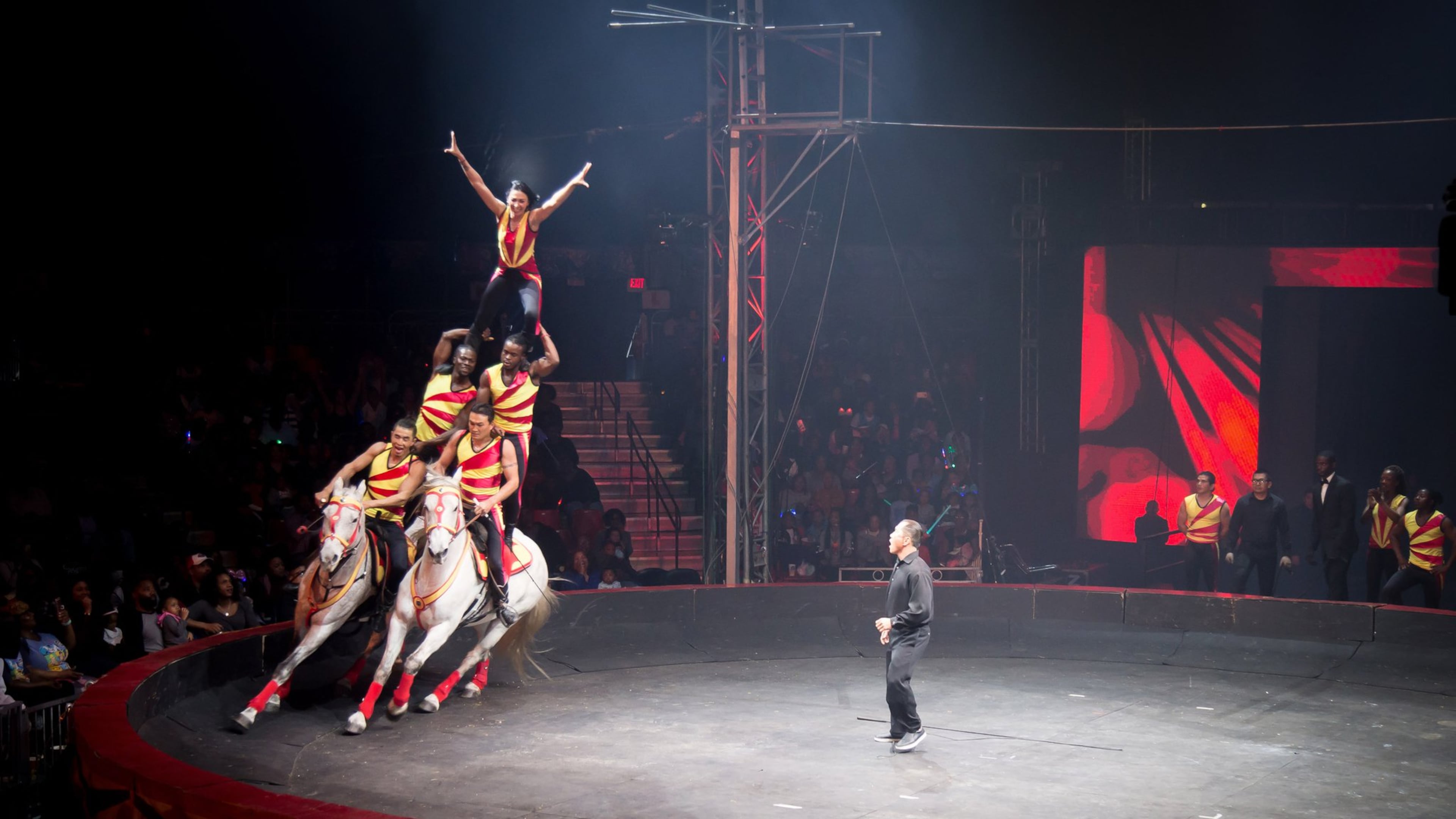 Performers build a five-man pyramid on horseback during a UniverSoul Circus performance Sunday in Atlanta. CONTRIBUTED BY STEVE SCHAEFER