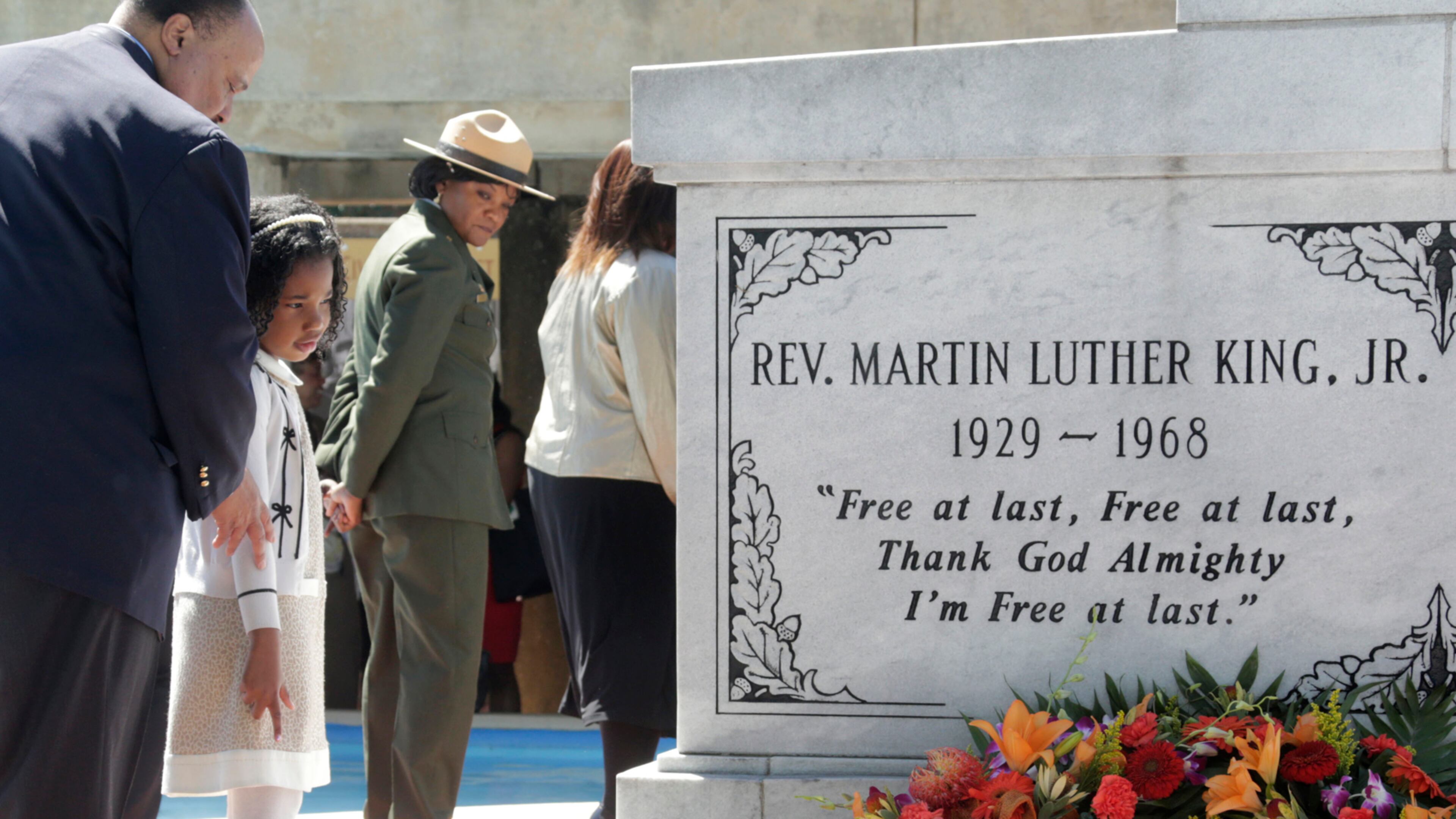 Martin Luther King III and his daughter, Yolanda, look back at the tomb after laying a wreath. King family members were among those laying a memorial wreath on the tomb of Dr. Martin Luther King, Jr on April 4, 2016, the 48th anniversary of King’s assassination.