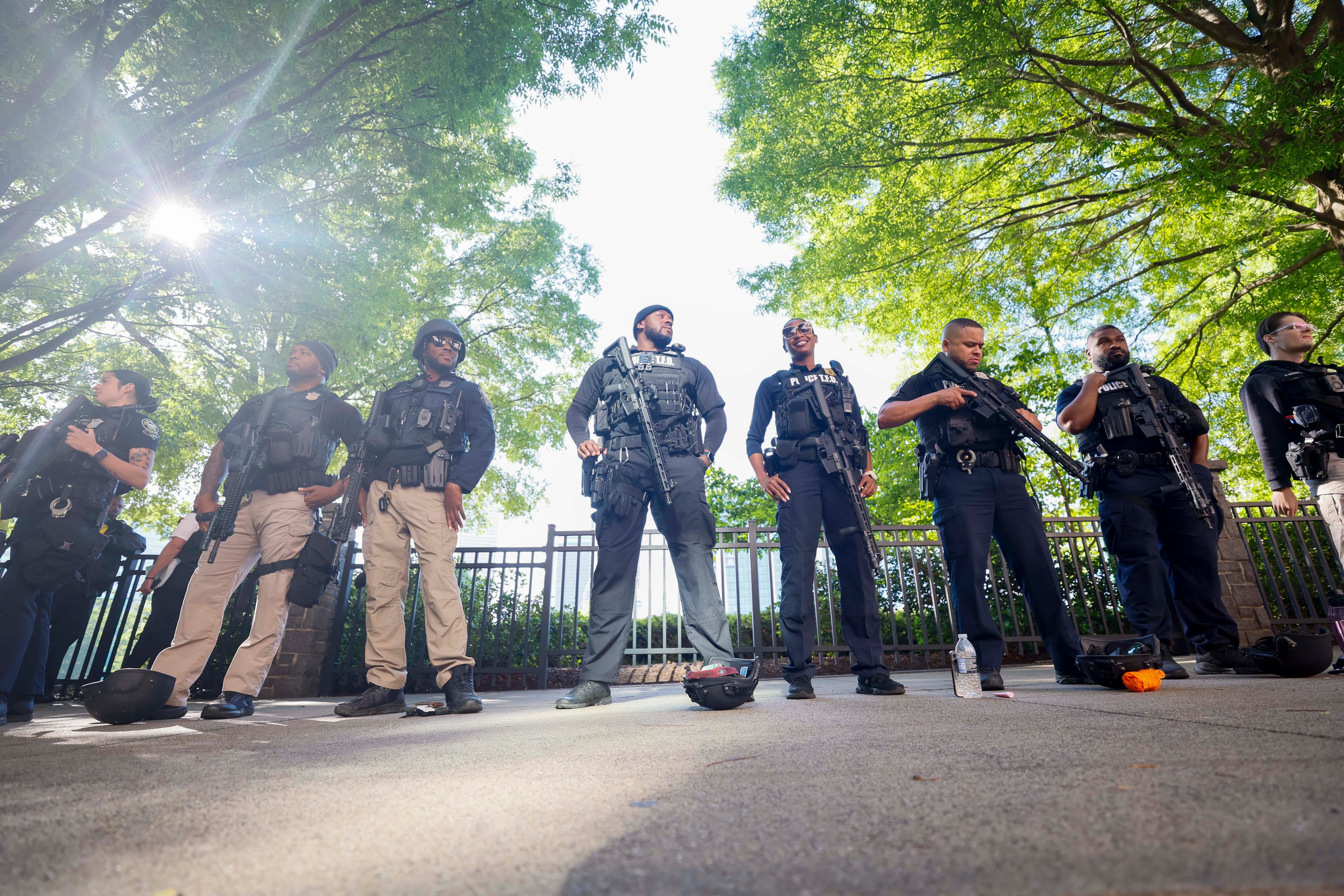 Members of the Atlanta Police Department await directions as they prepare for a mass casualty training exercise at Centennial Olympic Park on Monday, May 4, 2026, ahead of the World Cup. (Miguel Martinez/AJC)