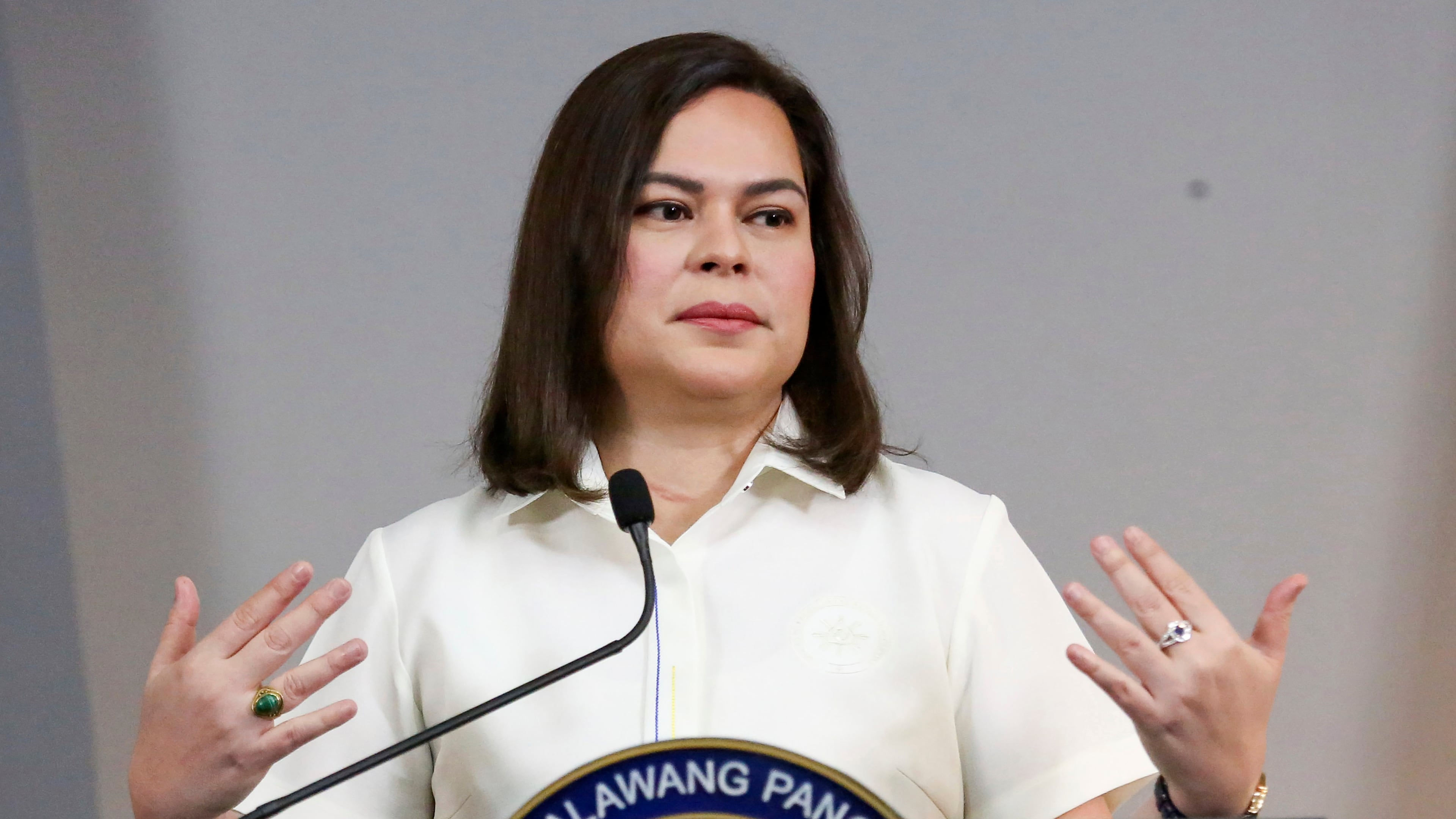 FILE -Philippine Vice President Sara Duterte gestures as she speaks during a press conference in Manila, Philippines on Friday, Feb. 7, 2025. (AP Photo/Basilio Sepe, File)