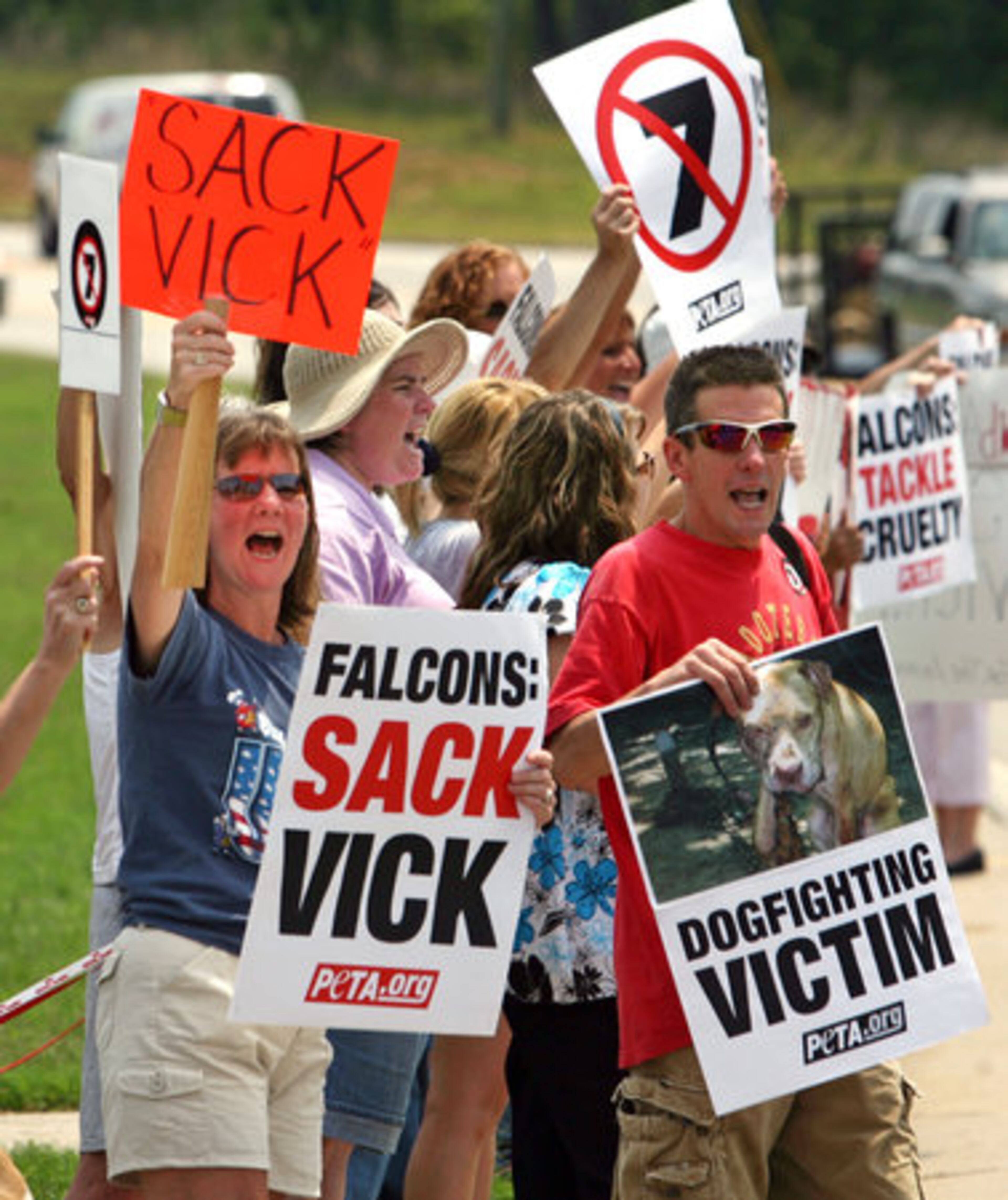 Protesters began forming outside of the Falcons Flowery Branch headquarters. This event, held July 2007, was staged by PETA.