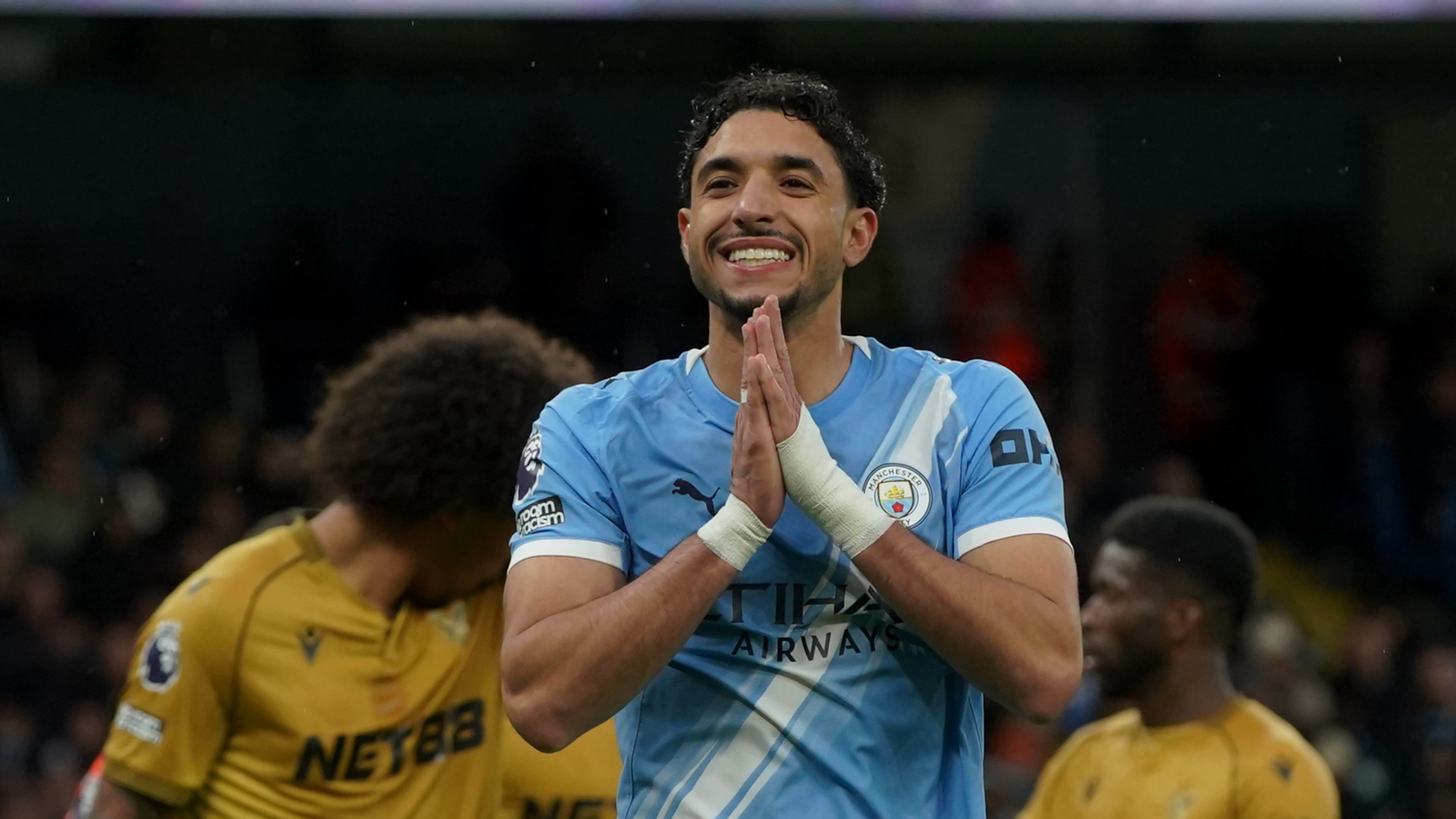 Manchester City's Omar Marmoush reacts during the English Premier League soccer match between Manchester City and Crystal Palace in Manchester, England, Wednesday, May 13, 2026. (AP Photo/Ian Hodgson)