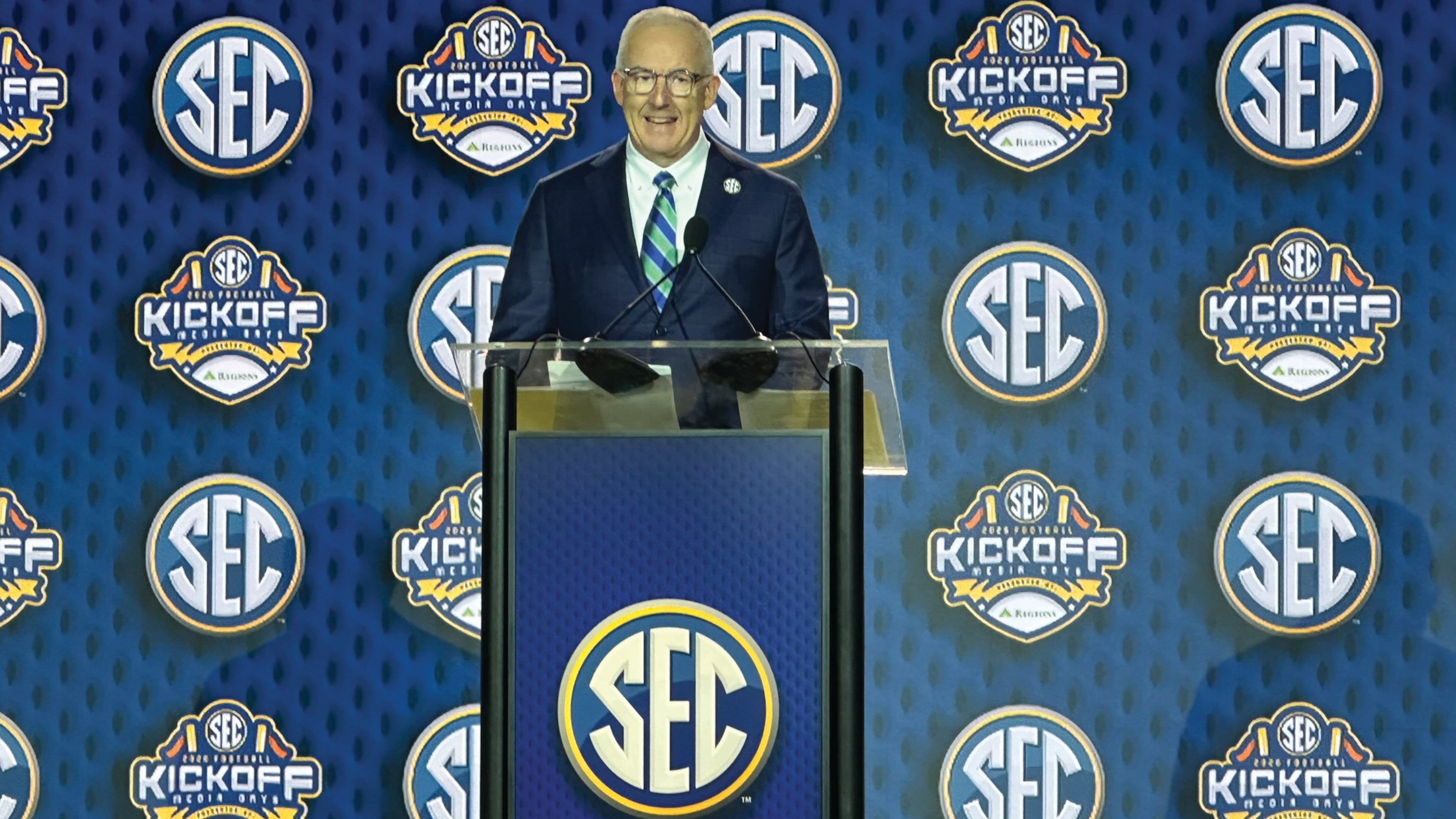 SEC Commissioner Greg Sankey discusses upcoming NCAA College Football season during the Southeastern Conference (SEC) Media Days in Tampa, Fla., Monday, July, 20, 2026. (Hunter Dawkins/The Gazebo Gazette via AP)
