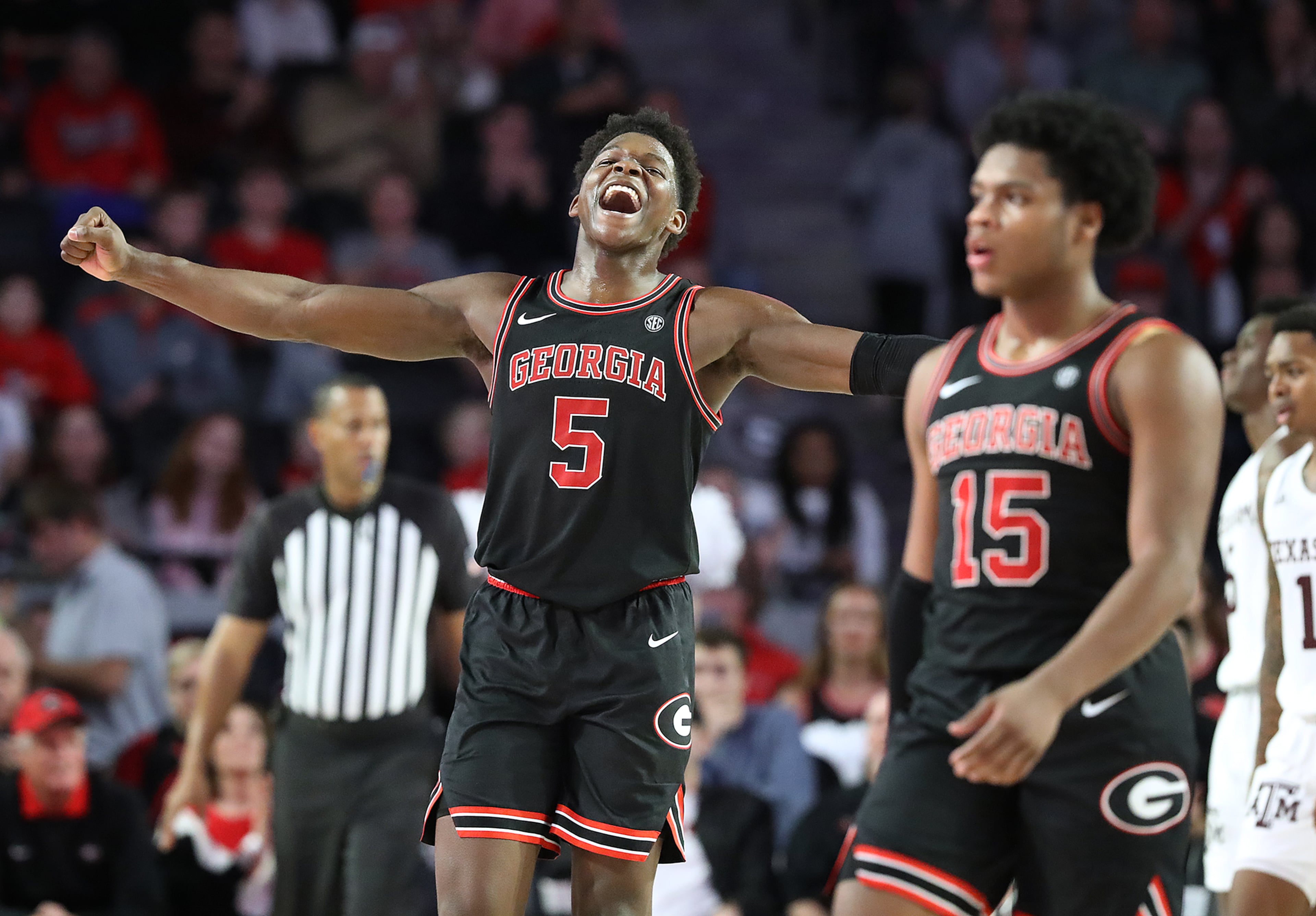 Feb. 1, 2020 Athens: Georgia guard Anthony Edwards celebrates during a 63-48 victory over Texas A&M in a NCAA college basketball game on Saturday, Feb. 1, 2020, in Athens. Curtis Compton ccompton@ajc.com