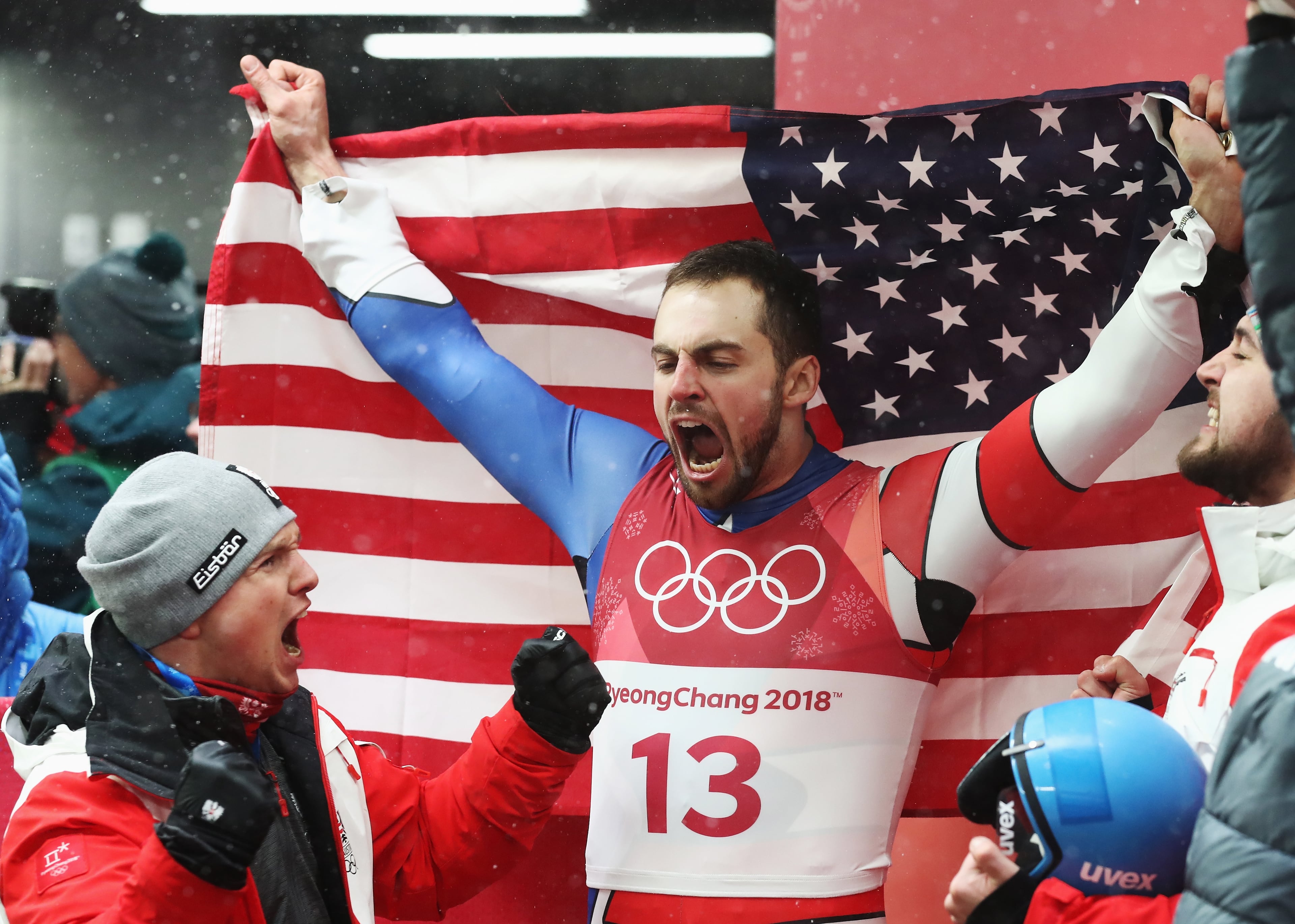 PYEONGCHANG-GUN, SOUTH KOREA - FEBRUARY 11: Chris Mazdzer of the United States celebrates winning the silver medal following run 4 during the Luge Men's Singles on day two of the PyeongChang 2018 Winter Olympic Games at Olympic Sliding Centre on February 11, 2018 in Pyeongchang-gun, South Korea. (Photo by Alexander Hassenstein/Getty Images) *** BESTPIX ***