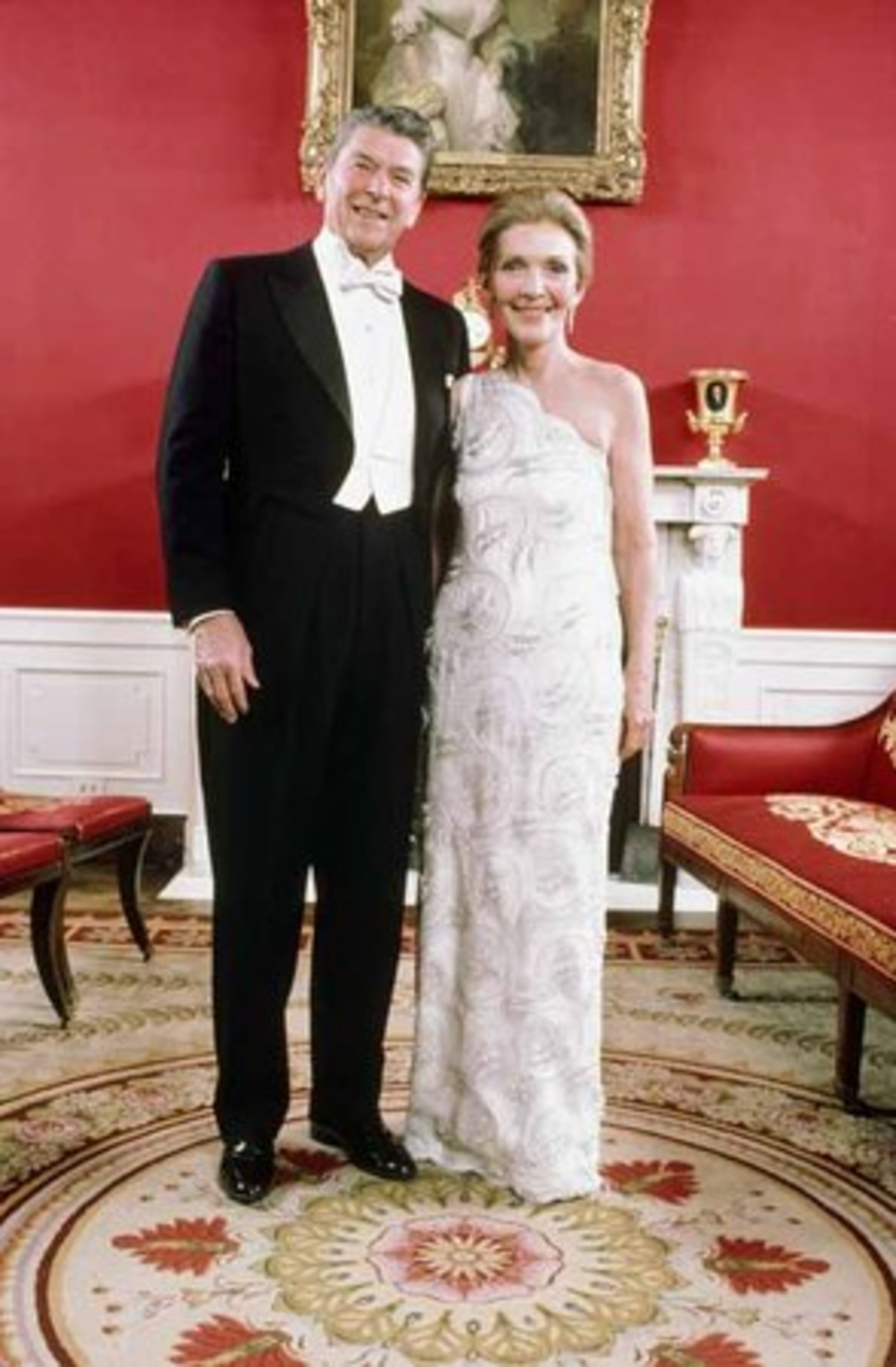 First lady Nancy Reagan took a beating for "borrowing" designer fashions such as her James Galanos inaugural gown (price tag: an estimated $10,000). Reagan gets extra style points for wearing the one-shoulder lace and silk satin beaded sheath and becoming the only first lady in the past three decades to bare a shoulder at the inaugural ball.