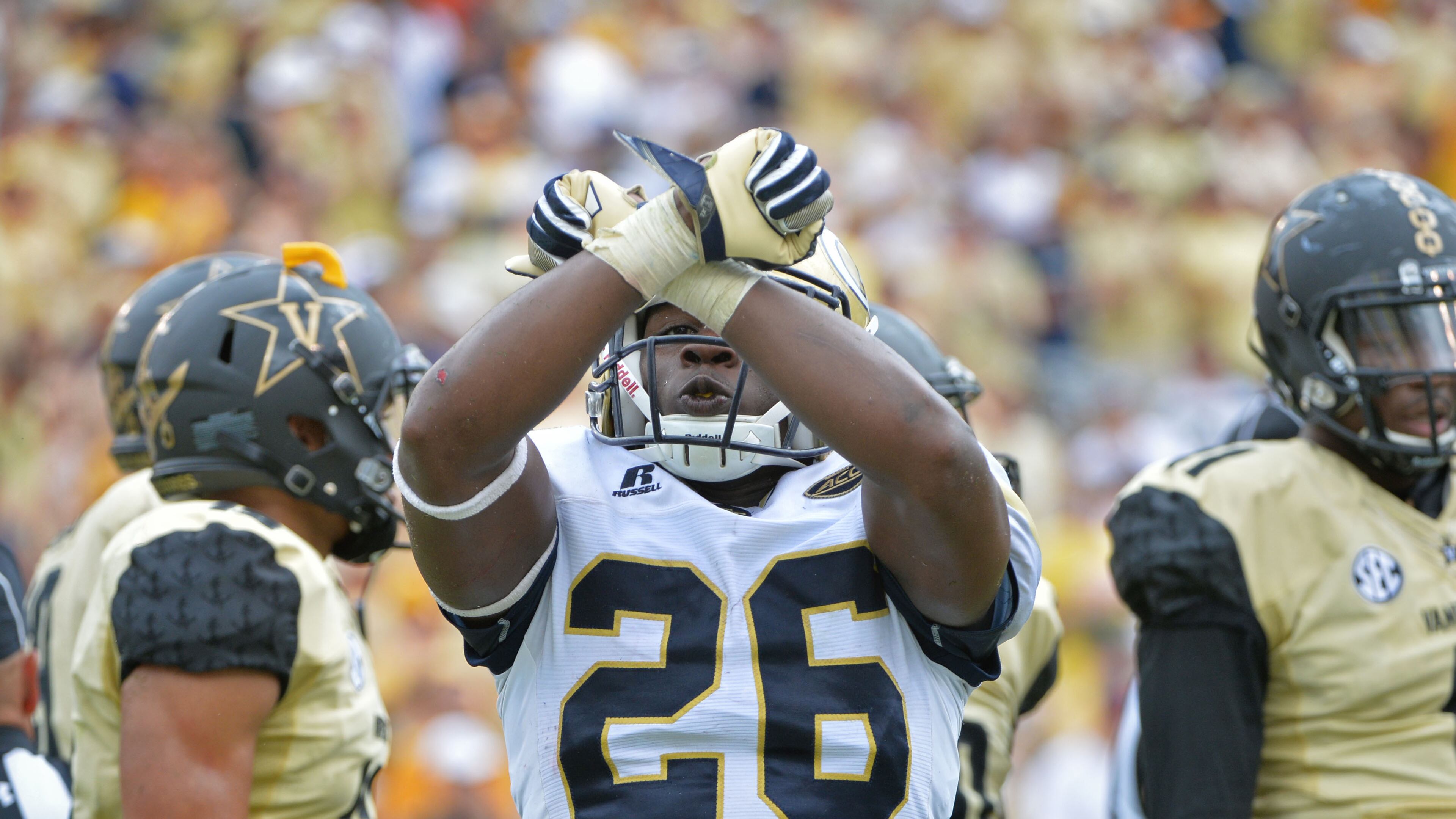 Georgia Tech B-back Dedrick Mills (26) celebrates after he scored a touchdown in the second half at Bobby Dodd Stadium on Saturday, September 17, 2016. Georgia Tech won 38-7 over Vanderbilt. HYOSUB SHIN / HSHIN@AJC.COM