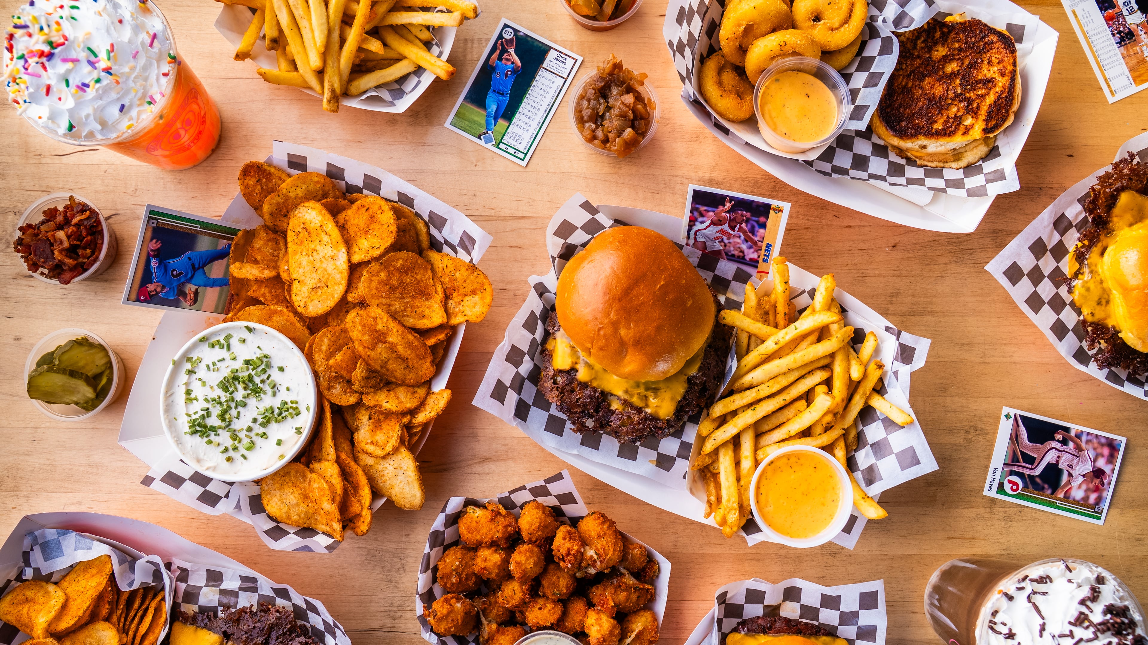 A full spread of food options at Smiley's Burger Club. (Courtesy of Smiley's Burger Club)