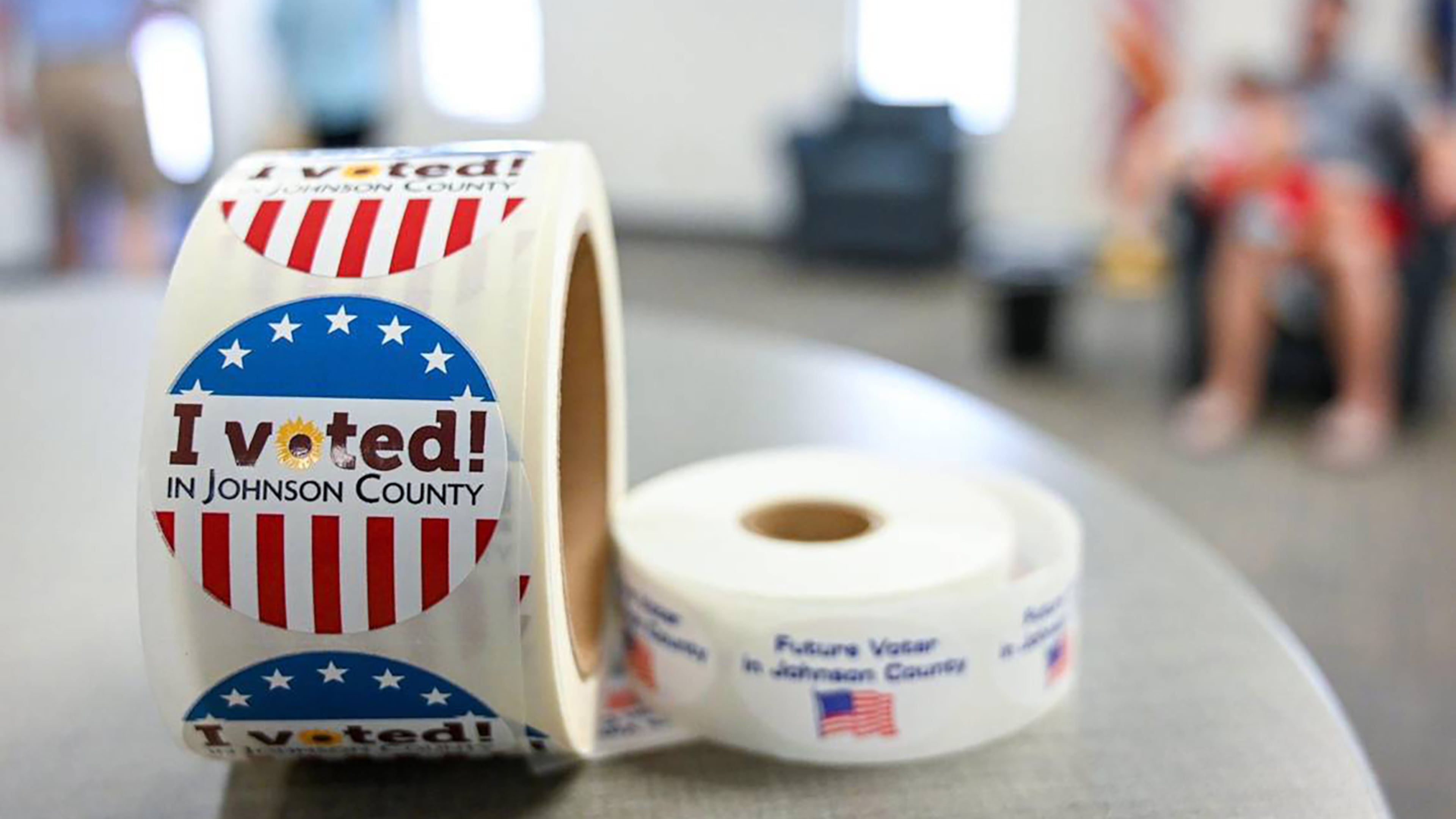 "I Voted" stickers are available after voters cast their ballots on July 28, 2022, at the Johnson County Election Office in Olathe, Kansas. (Tammy Ljungblad/The Kansas City Star/TNS)
