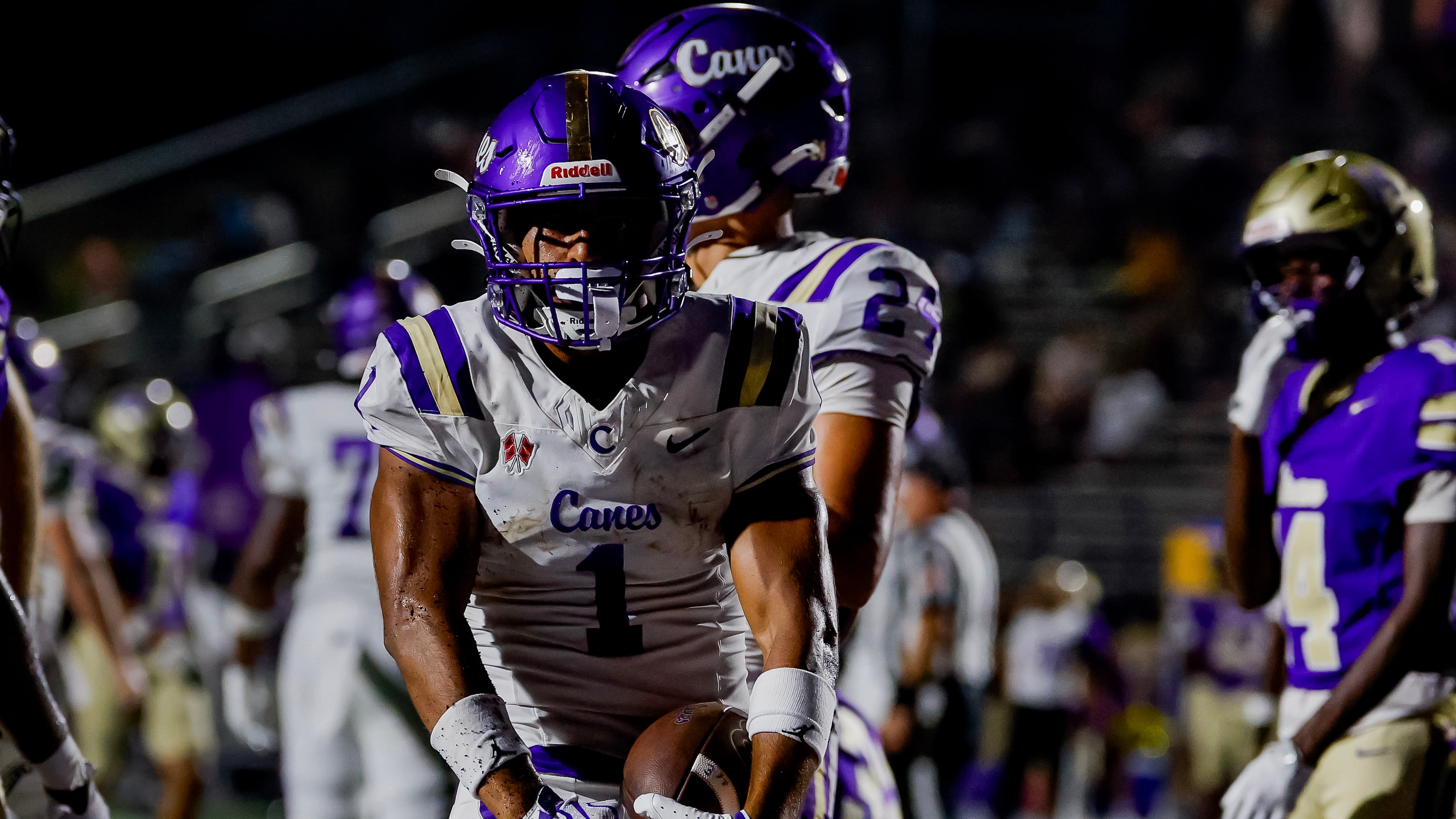 Cartersville wide receiver Madoxx Davis celebrates his touchdown against Hiram on Friday, Aug. 21, 2026. Davis was the catalyst for the Hurricanes’ explosive first half. (Erik S. Lesser for the AJC)