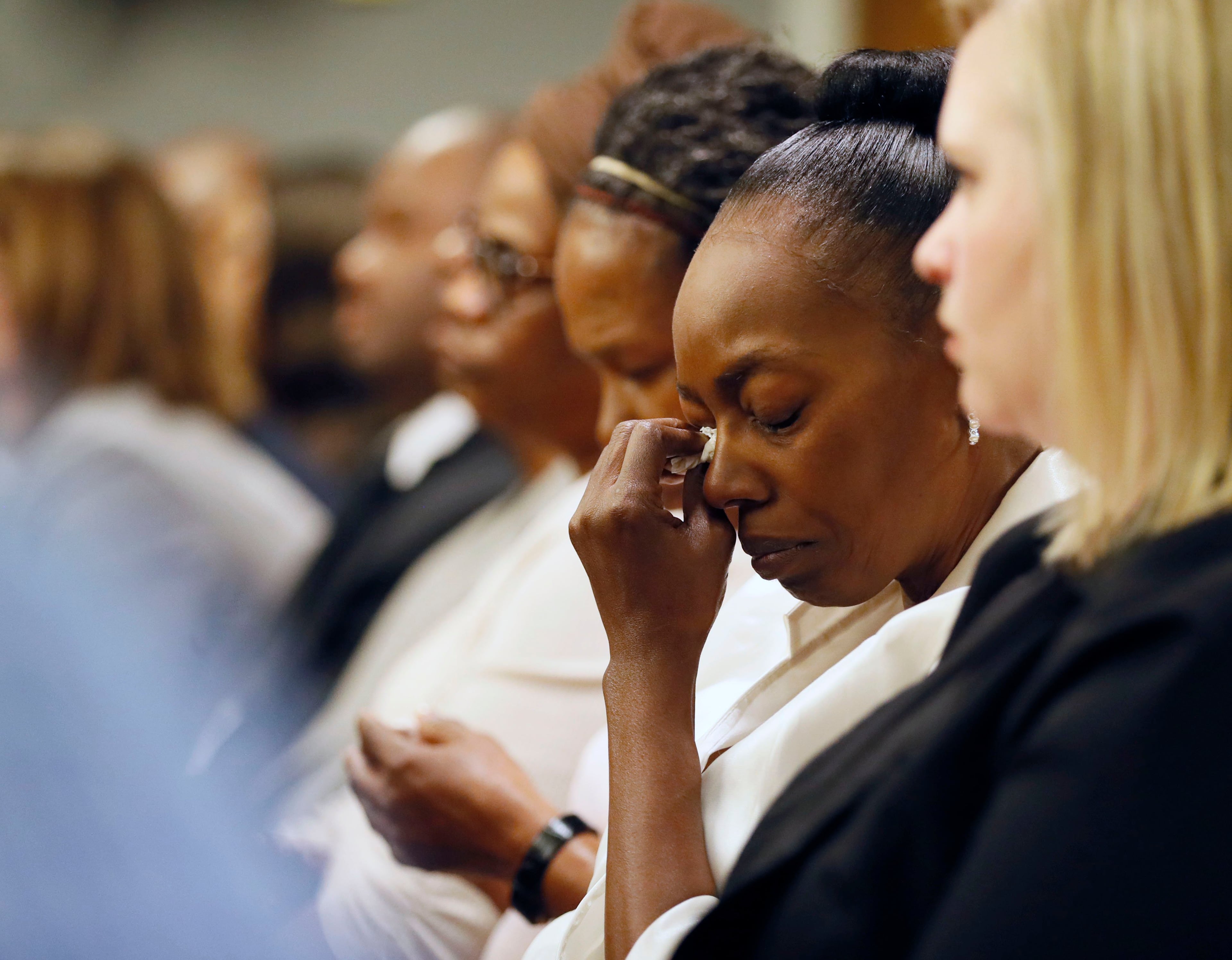 April 25, 2019 - Lawrenceville - Robin Moss, Emani's grandmother, listens to the testimony of Eman Moss as he described the death of her granddaughter. The prosecution continued for the second day in the Tiffany Moss death penalty trial with the testimony of Eman Moss. Moss, who is representing herself, again declined to ask questions of the prosecution witnesses. Bob Andres / bandres@ajc.com