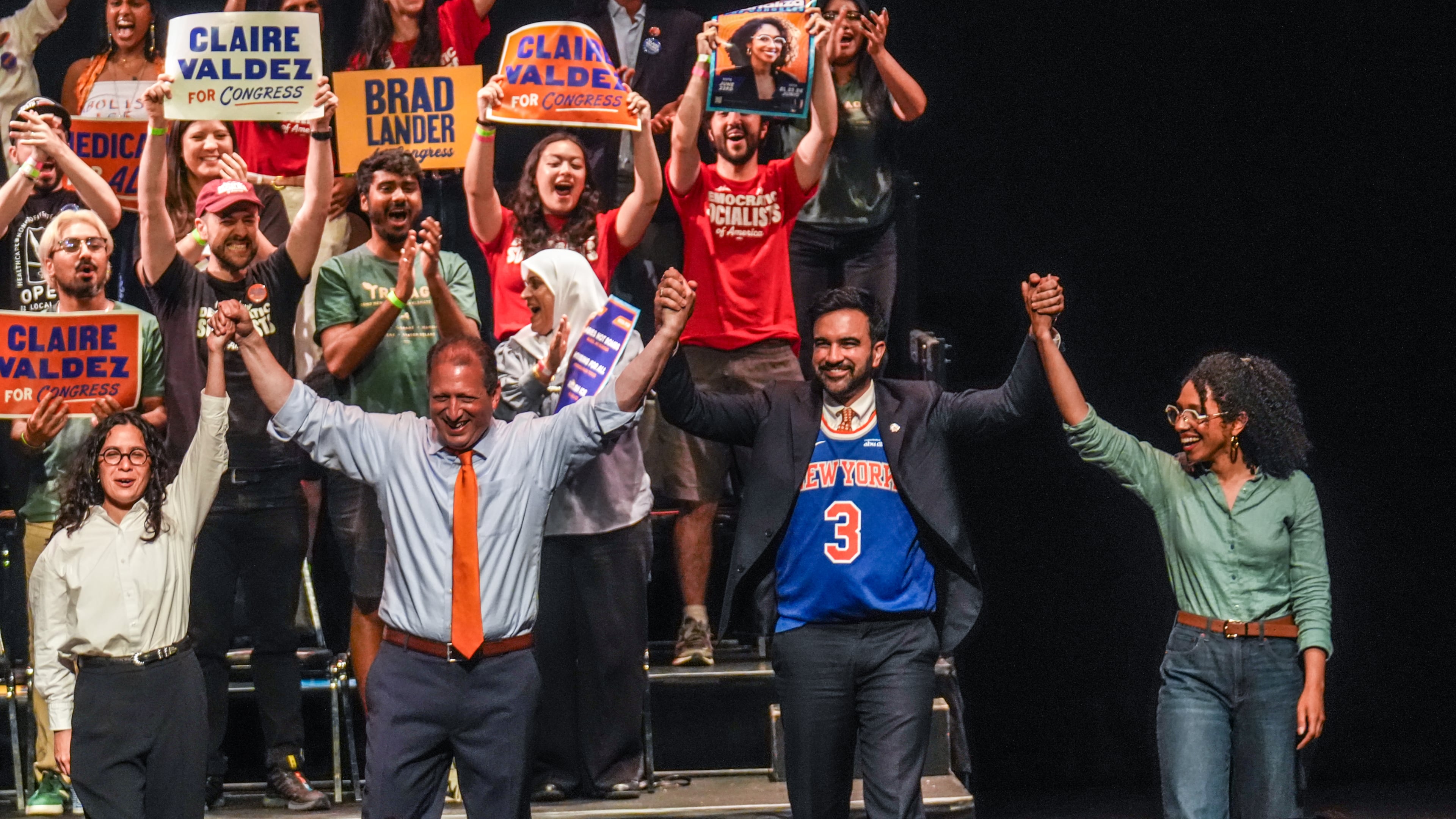Democratic Congressional candidates, Claire Valdez, Brad Lander, and Darializa Avila gesture on stage with New York City Mayor Zohran Mamdani during a Get Out The Vote rally ahead of New York's primary election, Thursday, June 18, 2026, in the Brooklyn borough of New York. (AP Photo/Ryan Murphy)
