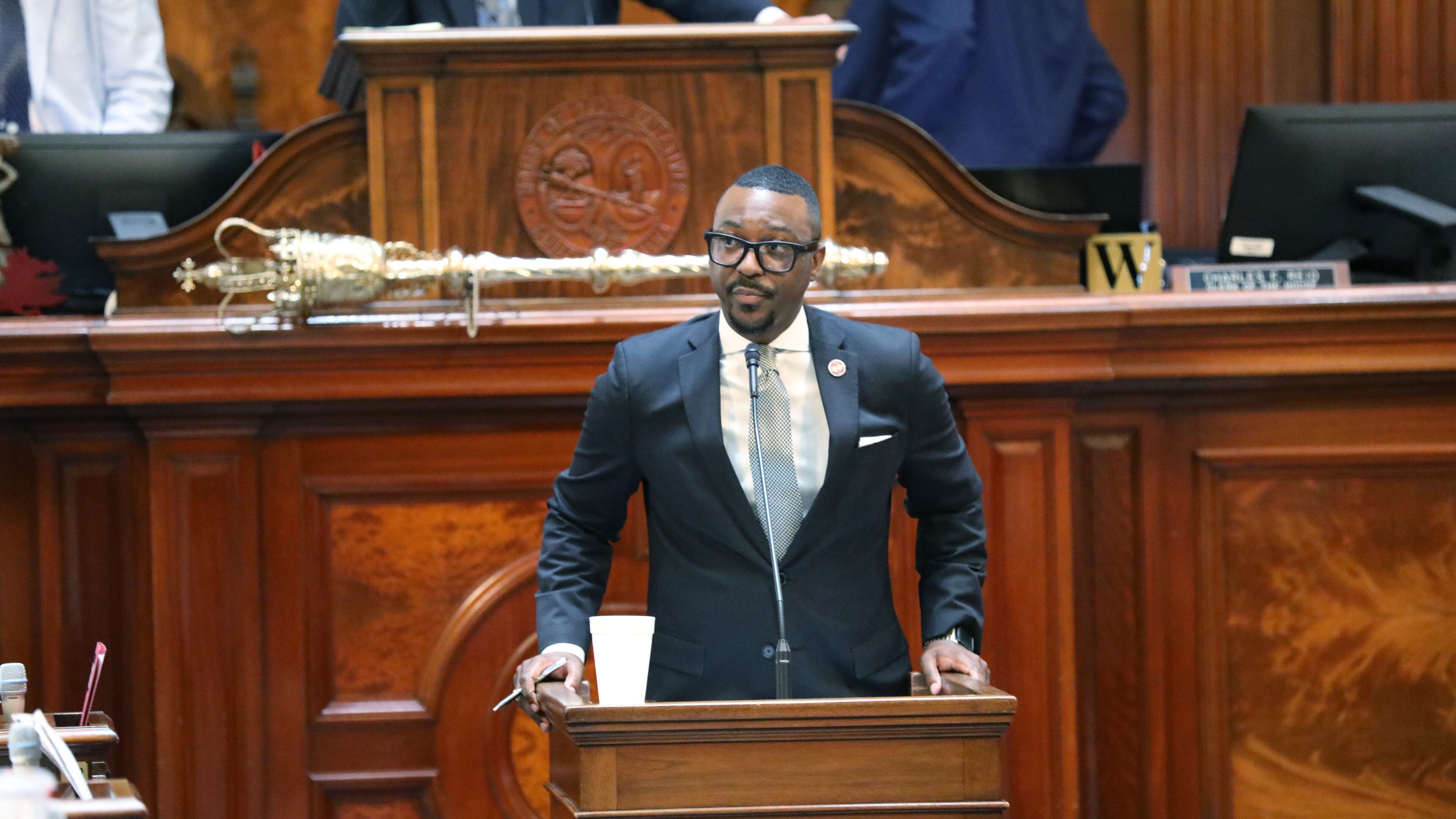 Democratic South Carolina House Rep. Hamilton Grant speaks out against drawing new congressional maps on Monday, May 18, 2026, in Columbia, S.C. (AP Photo/Jeffrey Collins)