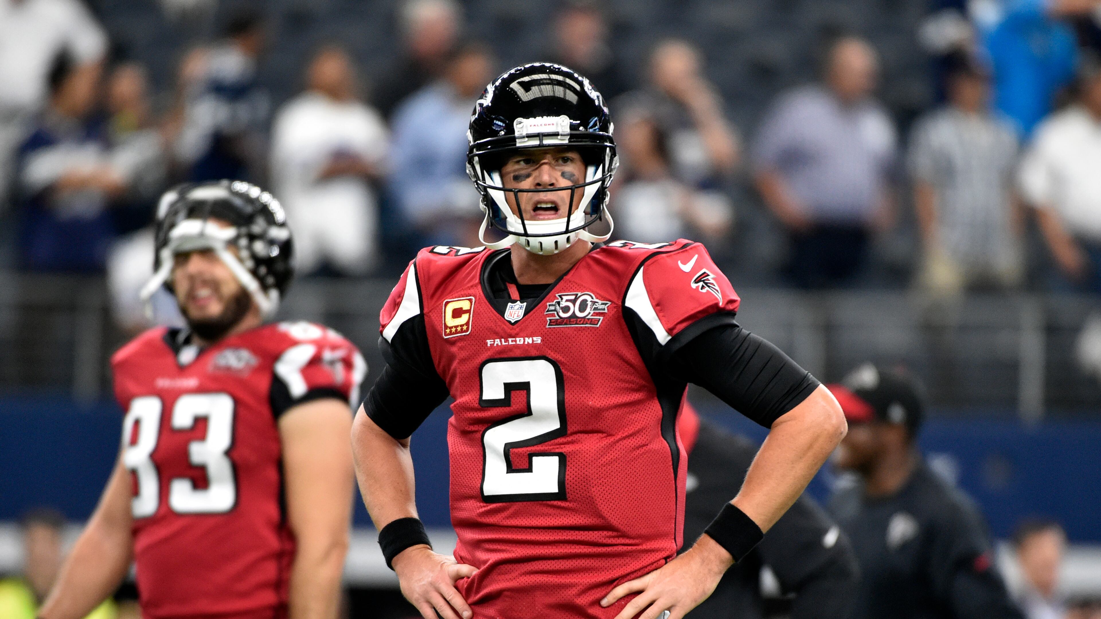Atlanta Falcons quarterback Matt Ryan (2) stands on the field during warm ups before an NFL football game against the Dallas Cowboys Sunday, Sept. 27, 2015, in Arlington, Texas. (AP Photo/Michael Ainsworth)
