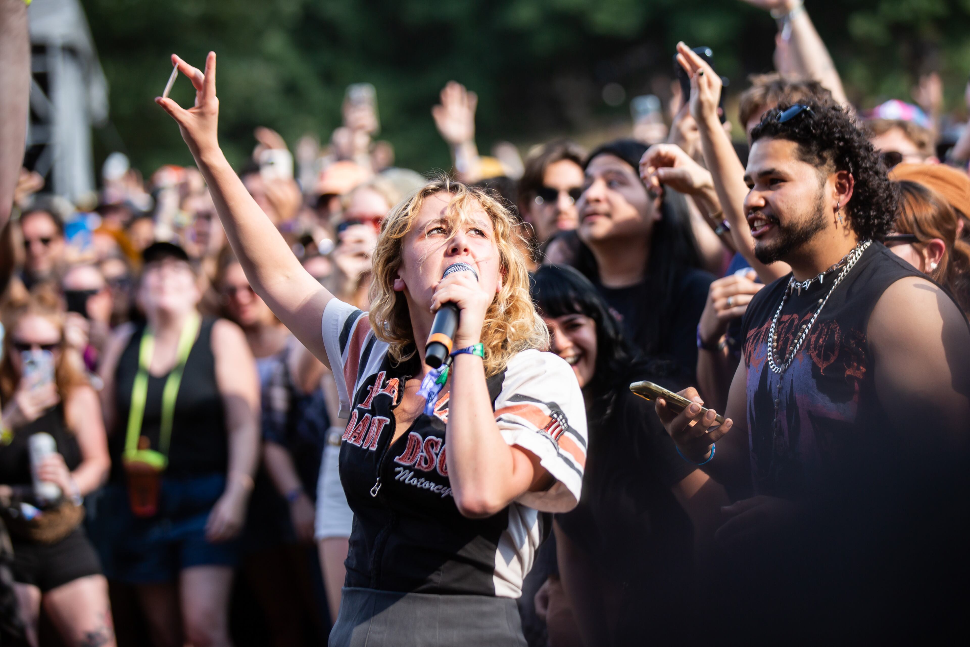 The Lambrini Girls perform on Day 1 of Shaky Knees at Piedmont Park on Friday, Sept. 19, 2025, in Atlanta. (Ryan Fleisher for the AJC)