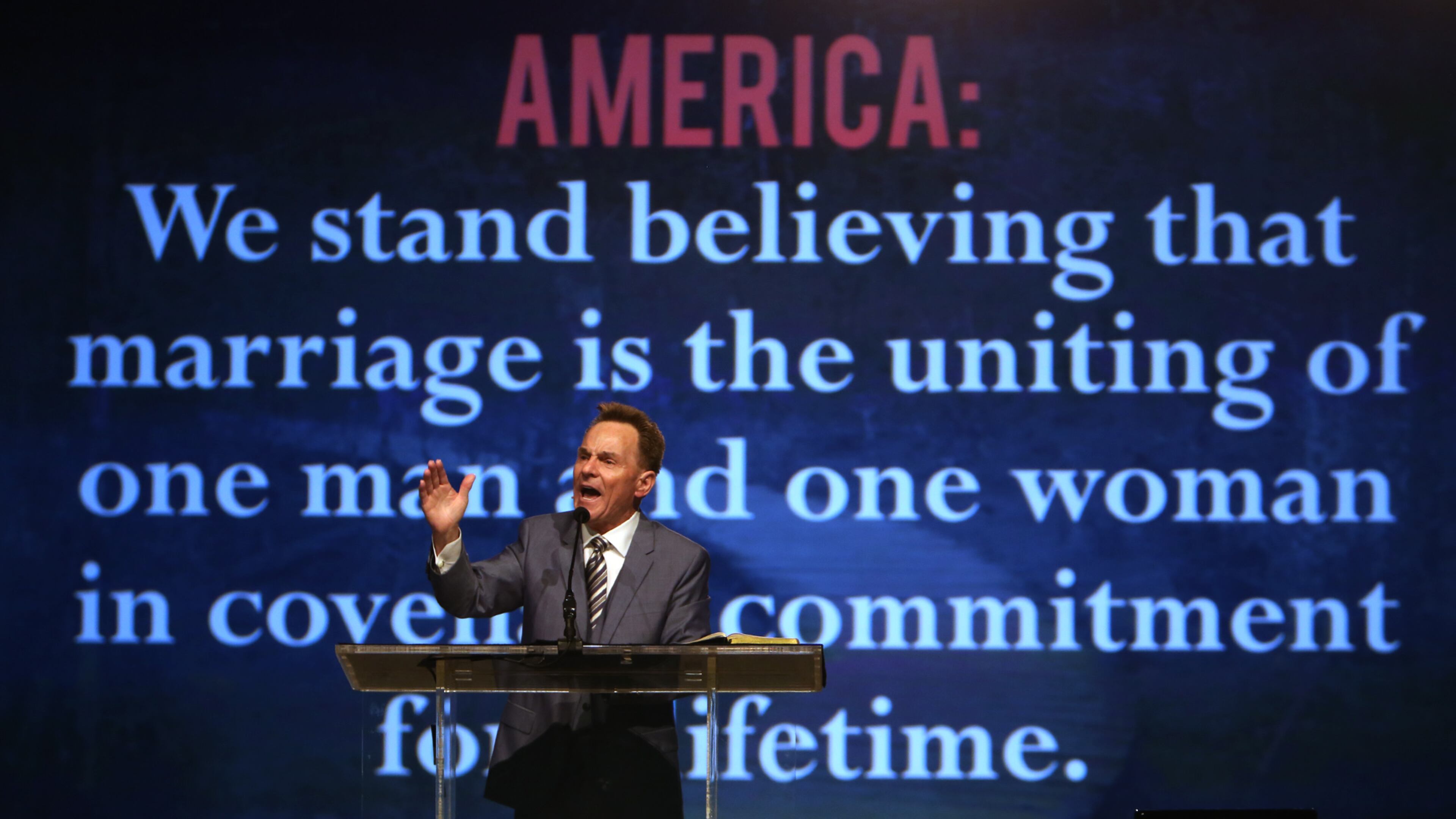 Pastor Ronnie Floyd, president of the Southern Baptist Convention, gives the presidential address to the Southern Baptist Convention at the Greater Columbus Convention Center, in Columbus, Ohio, June 16, 2015. Floyd exhorted members to stand united against same-sex marriage and vows that he will never officiate a same-sex union. (Eric Albrecht/Columbus Dispatch via AP)