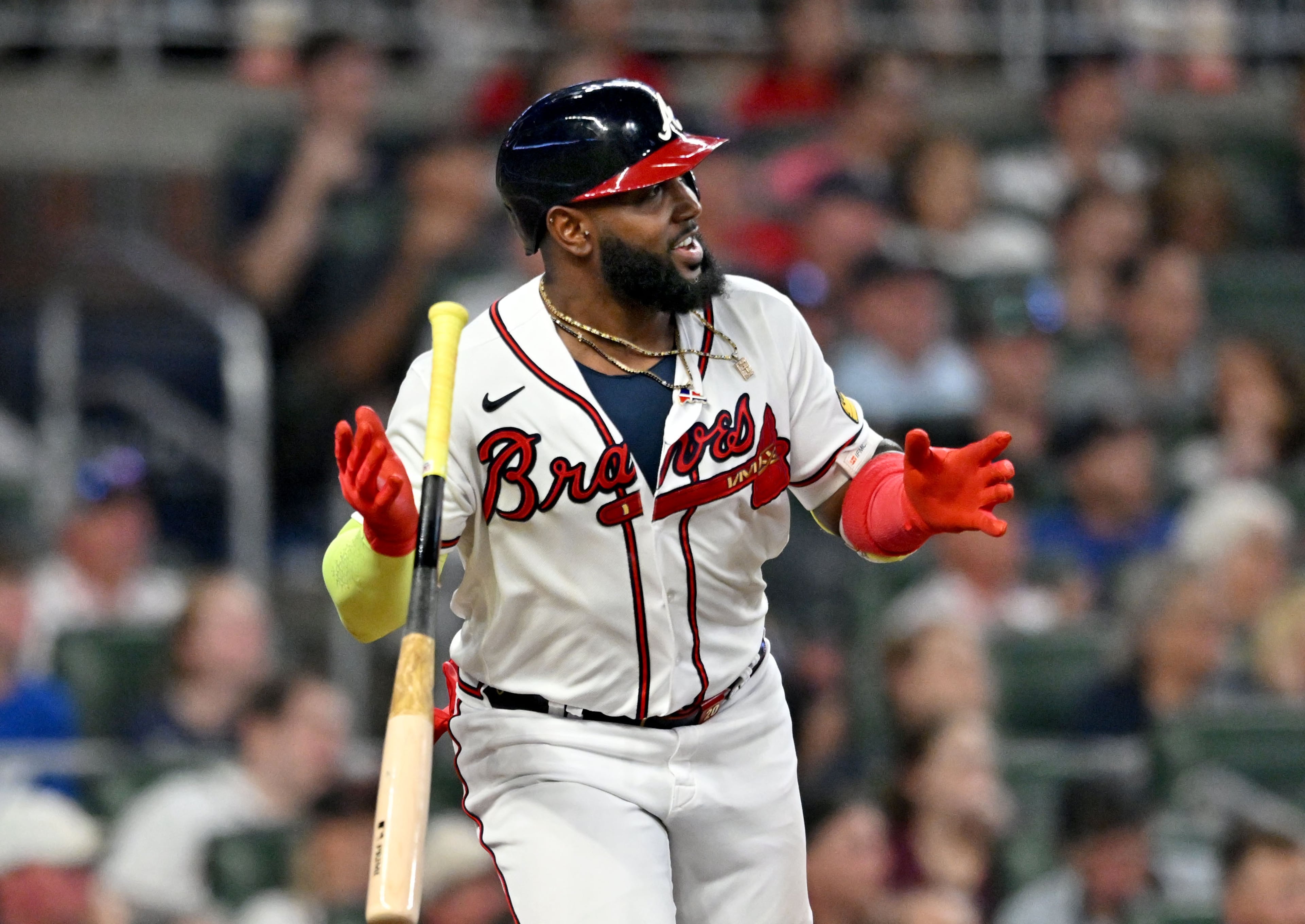 Atlanta Braves' designated hitter Marcell Ozuna (20) reacts as he hits an RBI single to score Ozzie Albies during the sixth inning at Truist Park, Tuesday, September 19, 2023, in Atlanta. Atlanta Braves won 9-3 over Philadelphia Phillies. (Hyosub Shin / Hyosub.Shin@ajc.com)