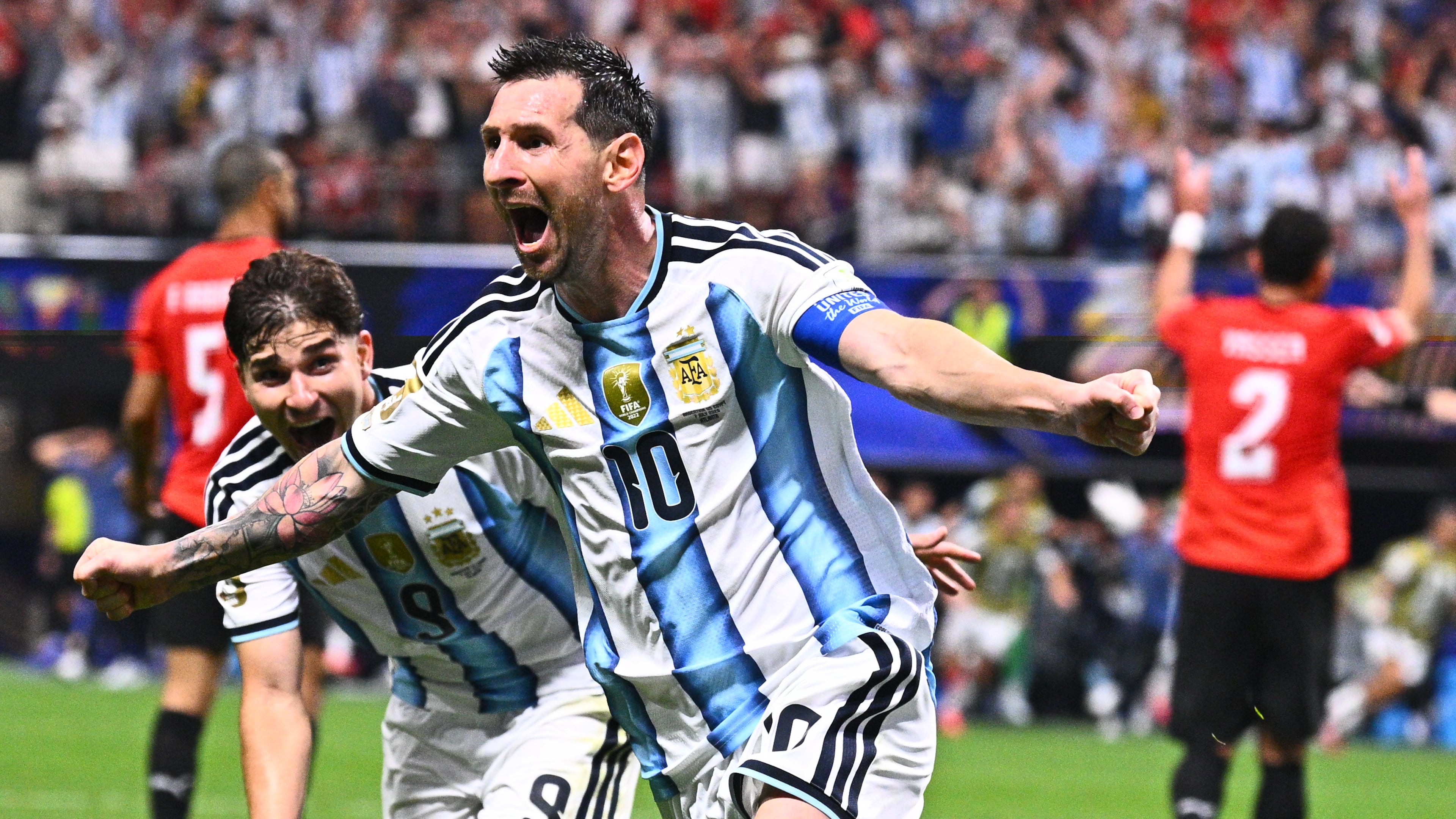 Argentina's Lionel Messi (10) celebrates scoring their second goal during the World Cup round of 16 soccer match between Argentina and Egypt in Atlanta, Tuesday, July 7, 2026. (AP Photo)