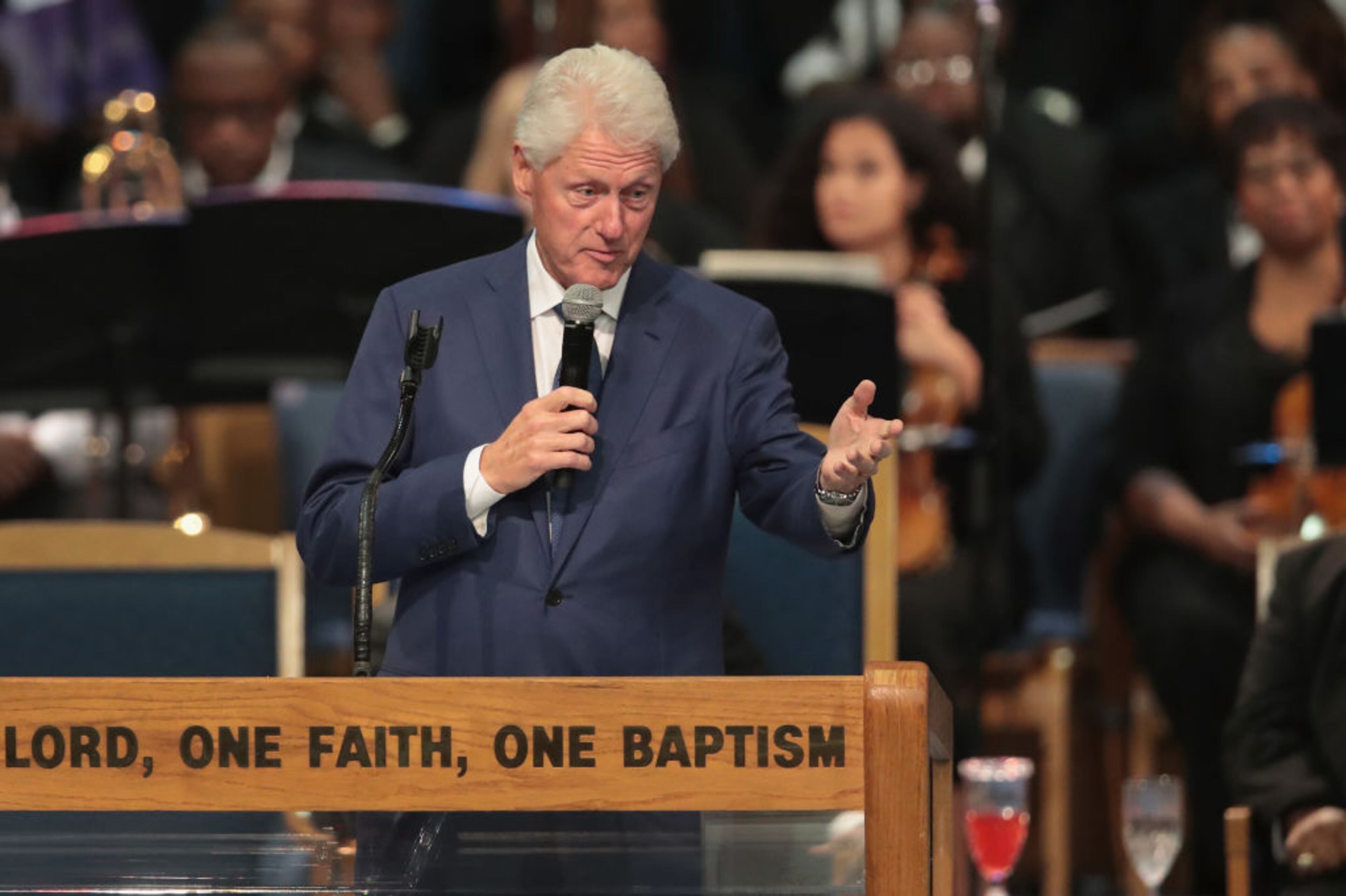 DETROIT, MI - AUGUST 31: Former President Bill Clinton speaks at the funeral for Aretha Franklin at the Greater Grace Temple on August 31, 2018 in Detroit, Michigan. Franklin, 76, died at her home in Detroit on August 16. (Photo by Scott Olson/Getty Images)