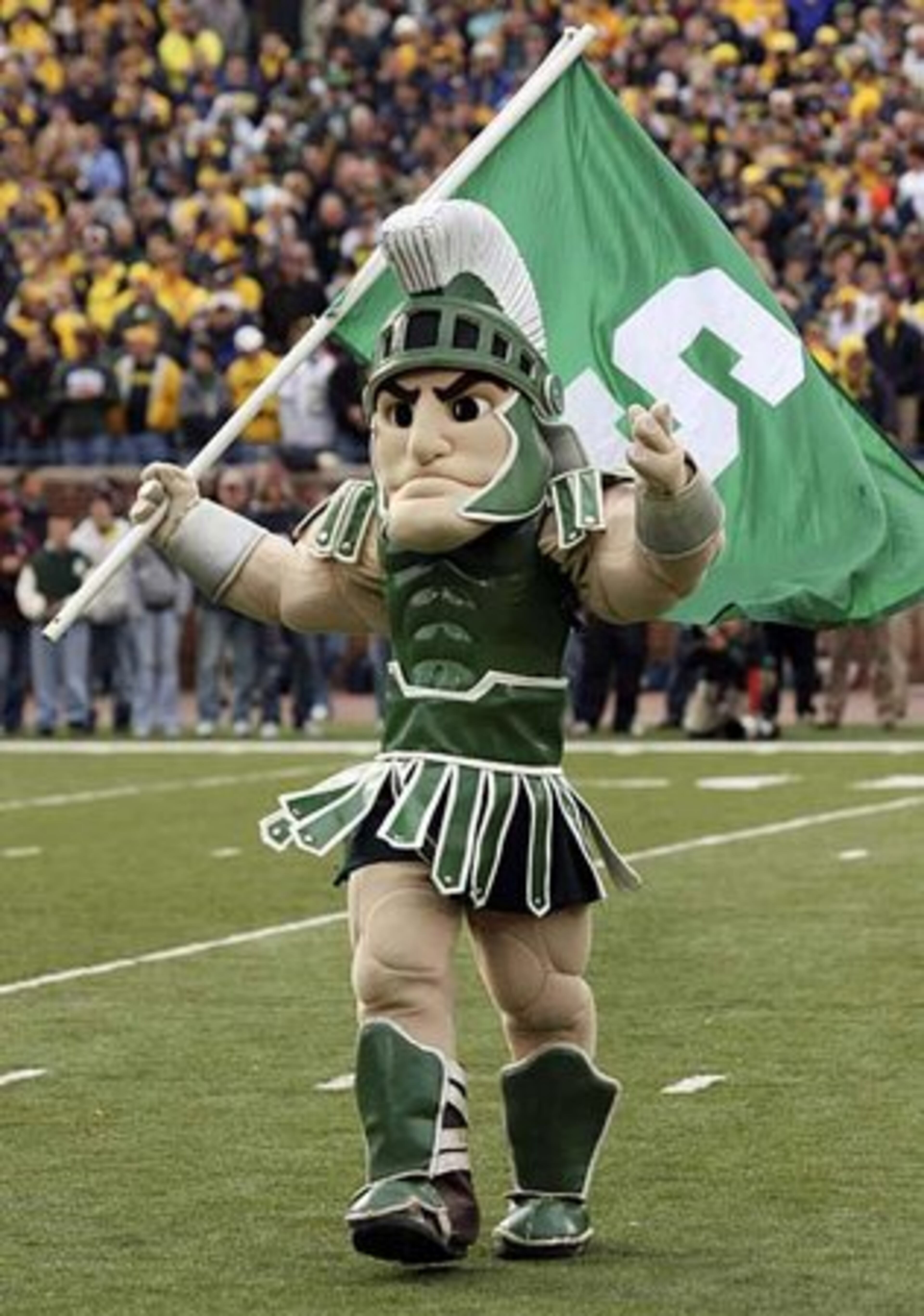 10. Sparty, Michigan State. With his jutting square jaw, the costumed mascot sort of looks like a muscle-bound Jay Leno in a green Greek warrior attire. -- Ralph D. Russo, AP