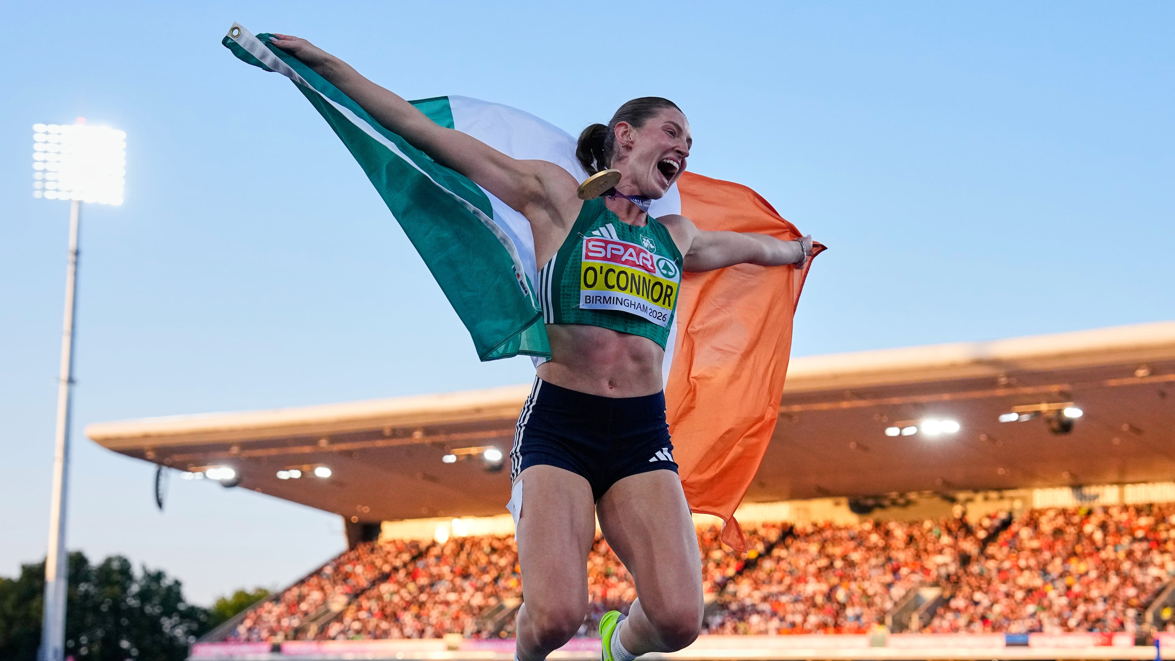 Ireland's Kate O'Connor celebrates after winning the gold medal in the heptathlon at the European Athletics Championships in Birmingham, England, Saturday, Aug. 15, 2026. (AP Photo/Petr David Josek)