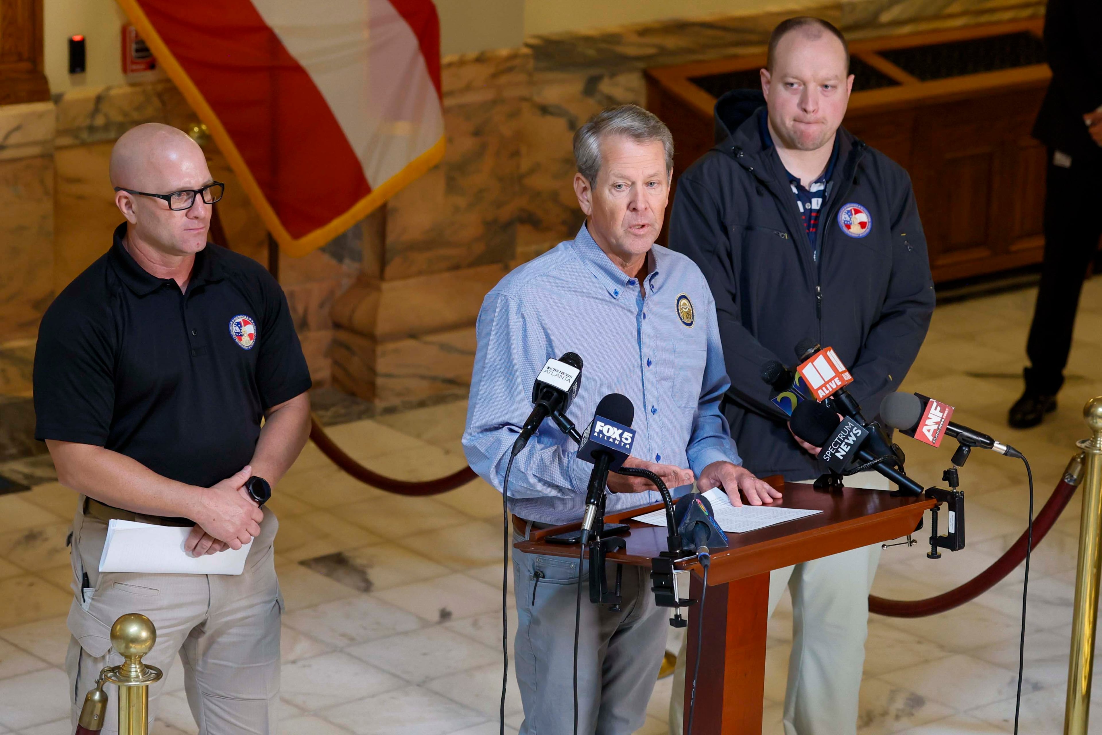 Governor Brian Kemp, accompanied by GEMA Director Josh Lamb and State Meteorologist Will Lanxton, briefed the media during a press conference at the Georgia State Capitol on Thursday, Oct. 8, 2026. Governor Kemp announced a State of Emergency as Hurricane Isaias is anticipated to begin affecting Georgia early Saturday. (Miguel Martinez/AJC)