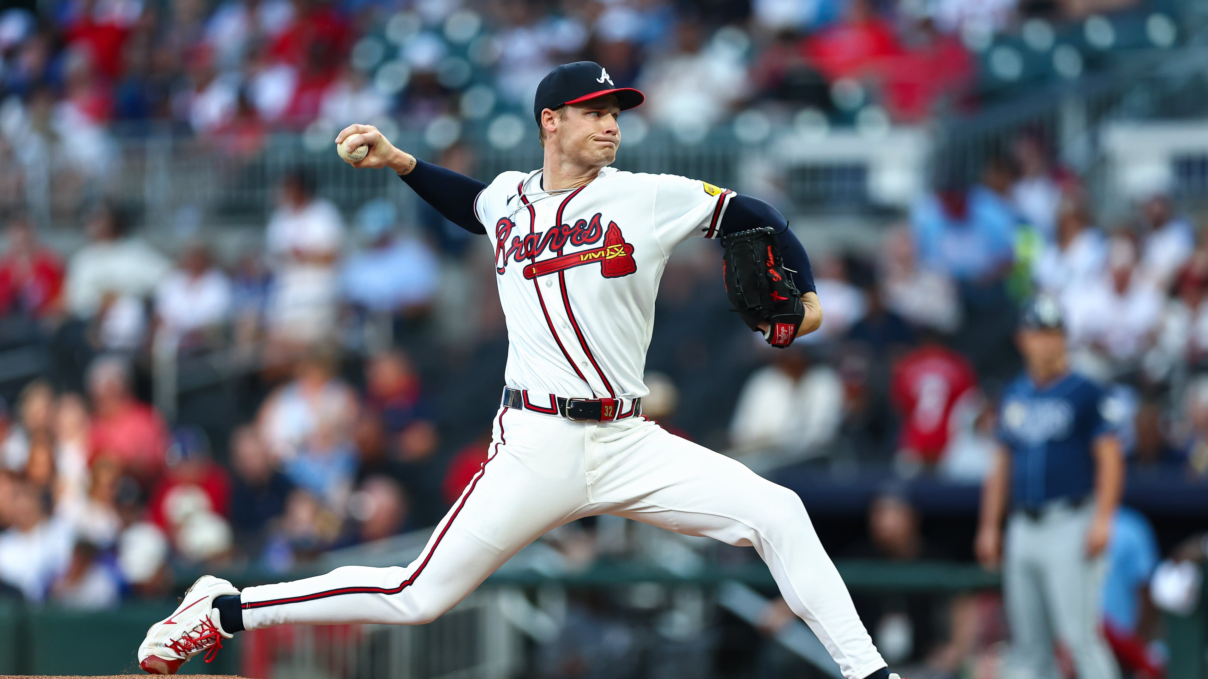 Atlanta Braves pitcher AJ Smith-Shawver delivers in the first inning of a baseball game against the Tampa Bay Rays, Tuesday, Sept. 8, 2026, in Atlanta. (AP Photo/Colin Hubbard)