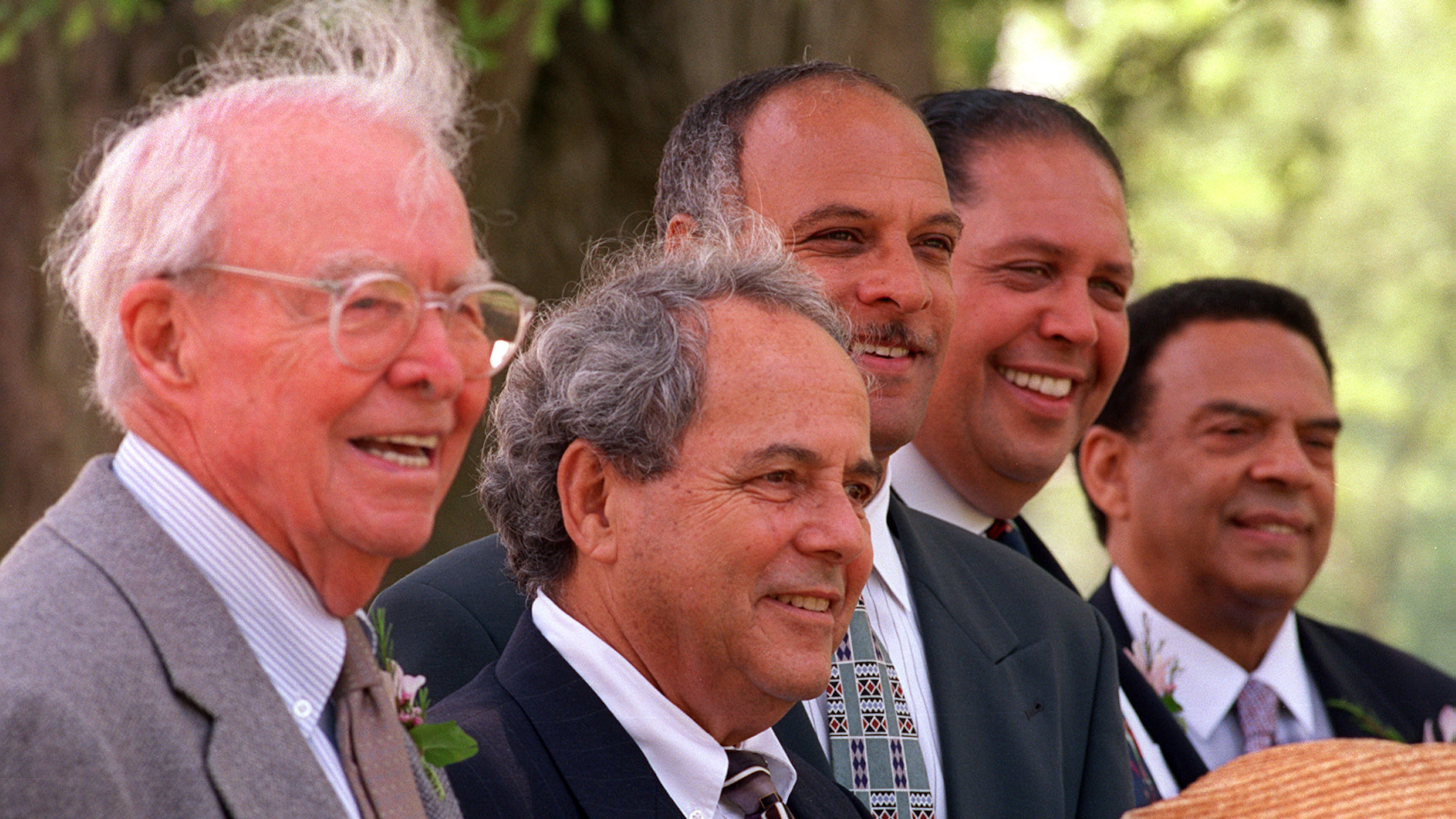 Former Atlanta mayors Ivan Allen, Sam Massell, Maynard Jackson, Bill Campbell, Maynard Jackson and Andy Young pose at a function in Piedmont Park in 1997. (AJC Staff Photo/Rich Addicks)